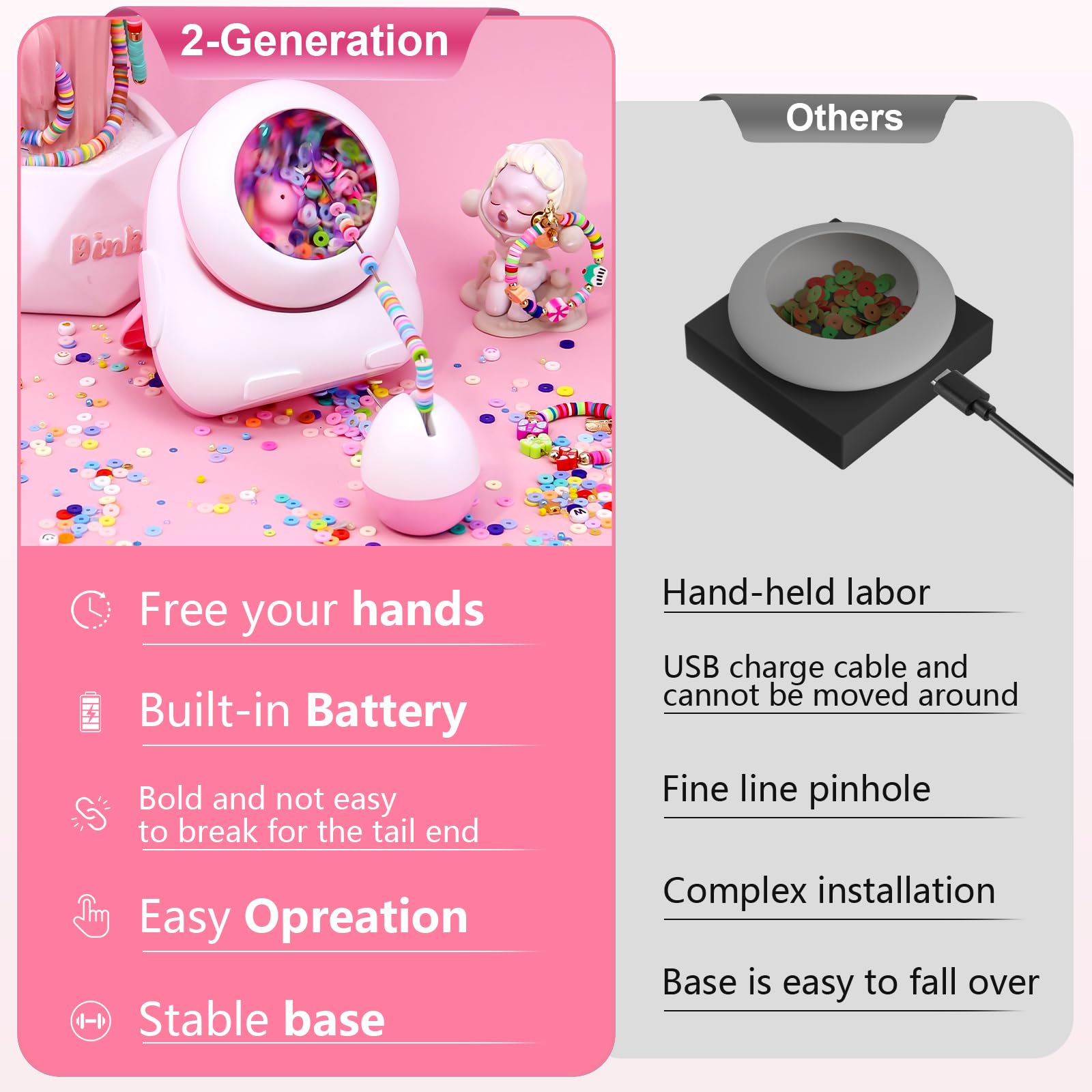 2-in-1 Cordless Electric Bead Spinner for Jewelry Making - Clay & Seed Bead Spinner Tool for Bracelets, Necklaces & DIY Crafts (Pink, Includes Beads) - Perfect for Jewelry Artists, Hobbyists & Gift Making