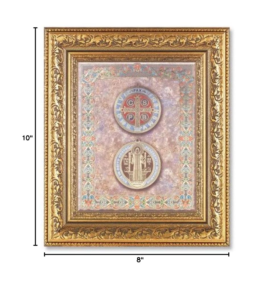 St. Benedict Medal Framed Wall Art - Large Gold Leaf Acanthus Carved Ornate Picture Frame for Home, Office & Church Decor | Religious Gift & Spiritual Protection