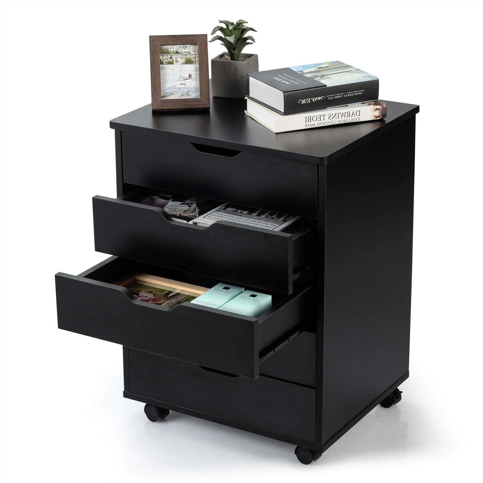 Black 5-Drawer Rolling Storage Dresser with 360° Swivel Wheels & Smooth Slides - Organize Files, Books, Cosmetics & Office Supplies | Perfect for Bedroom, Office & Dorm Storage Solutions