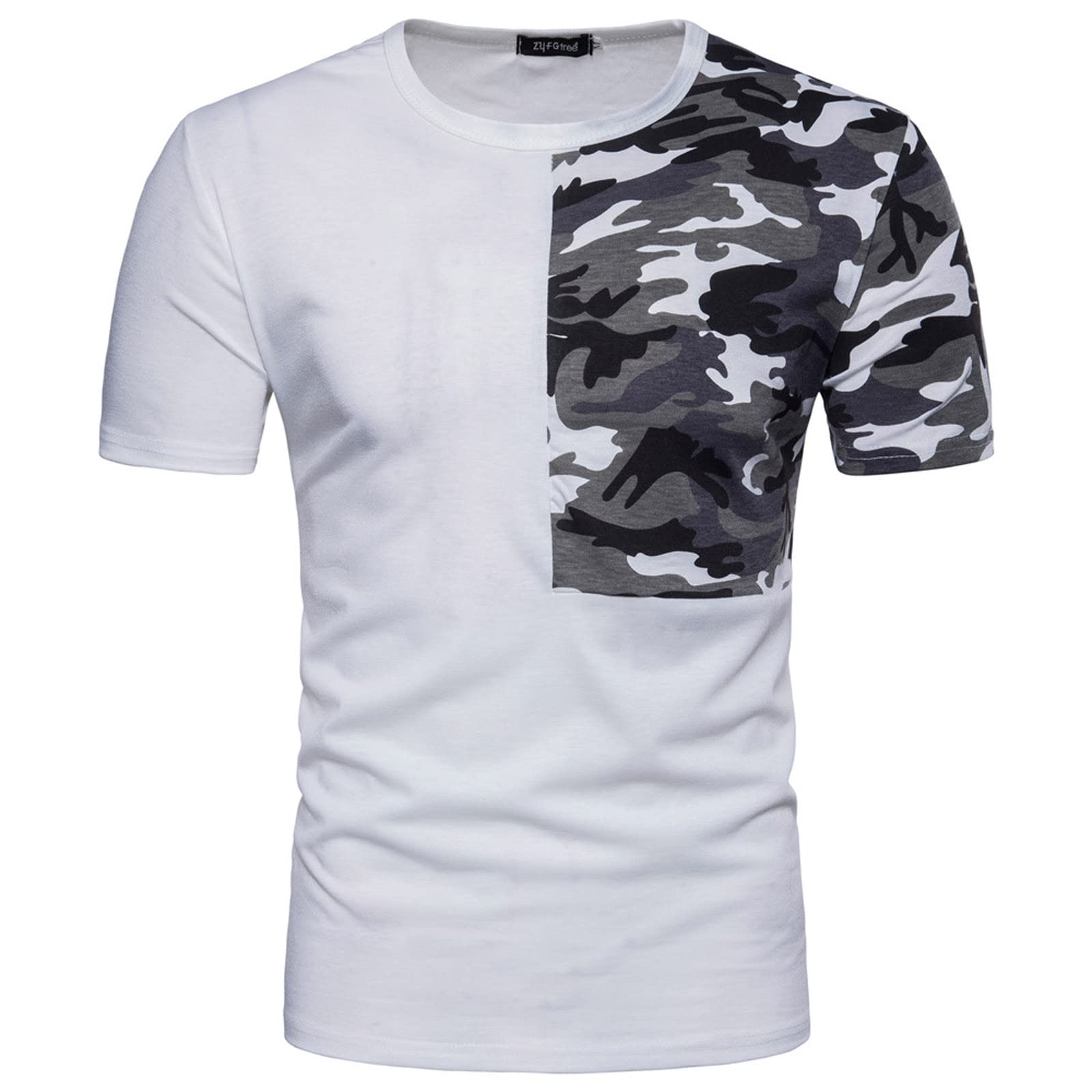 Men's Slim Fit Short Sleeve T-Shirt - Military Camouflage Patchwork Casual Tee for Workout, Gym & Outdoor Activities | Breathable Athletic Round Neck Top
