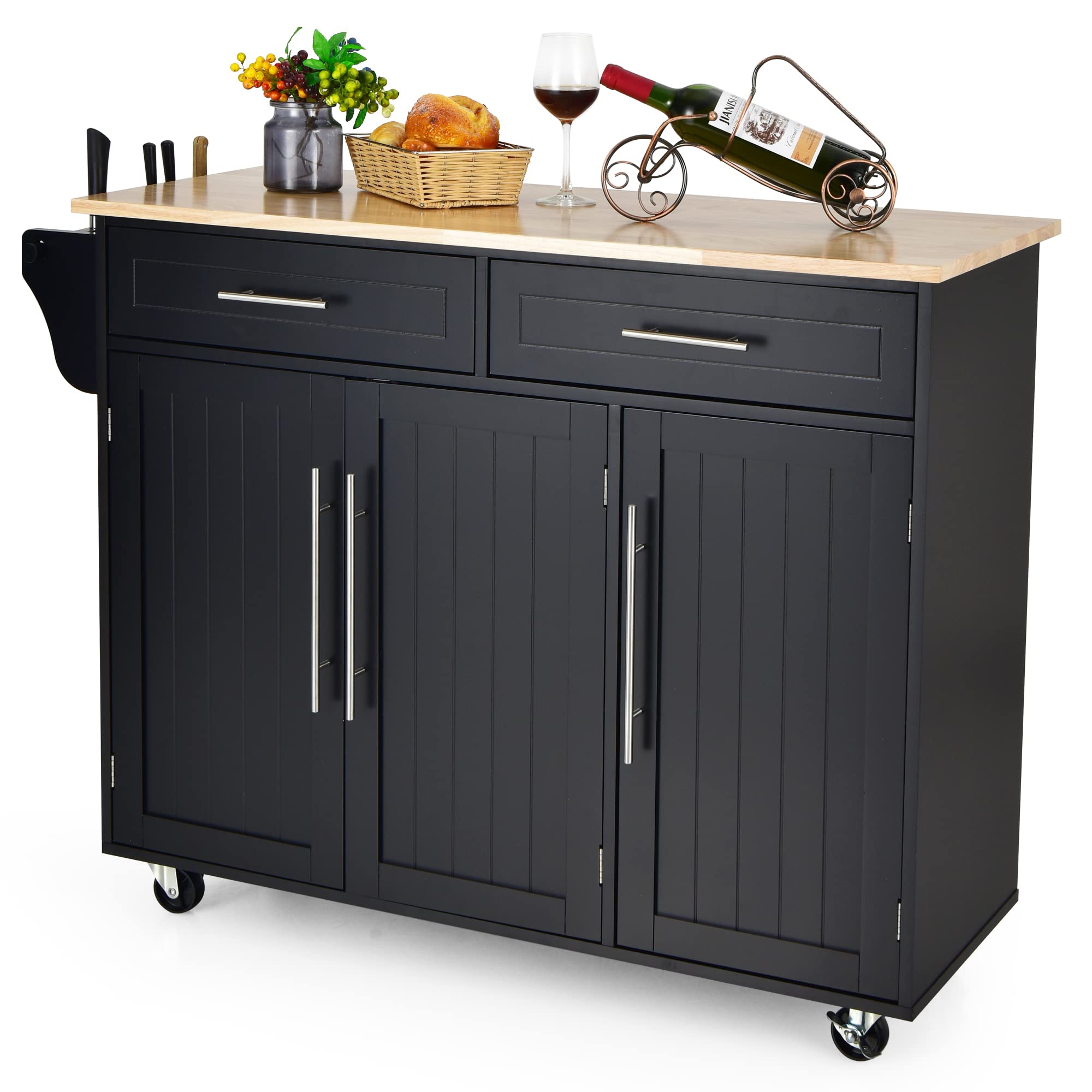 LOKO Large Kitchen Island with Storage - Portable Rolling Kitchen Cart with Rubber Wood Countertop, Adjustable Shelves & Universal Casters - 49 x 18.11 x 36.61 Inches - Perfect for Small Kitchens, Food Prep, and Extra Counter Space