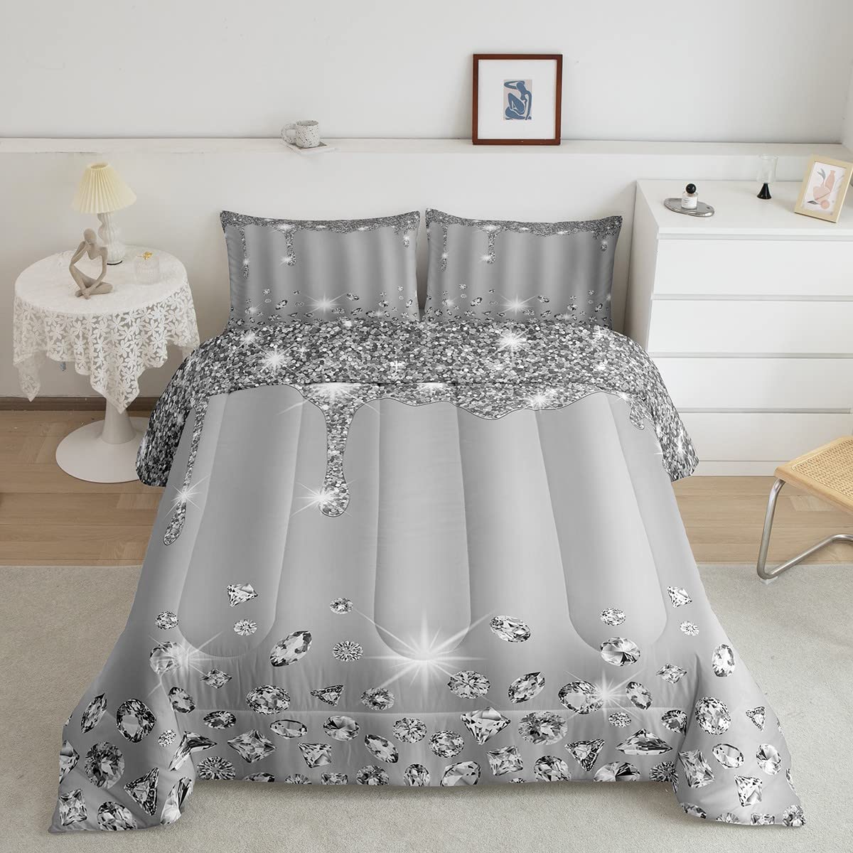 Feelyou Silver Glitter Print Bedding Set - No Glitter Grey Comforter with Diamond & Jewelry Design, Queen Size Duvet Cover Set for Girls Room & Bling Party Decor | Perfect for Teen Bedrooms, Sleepovers & Glamorous Home Decor