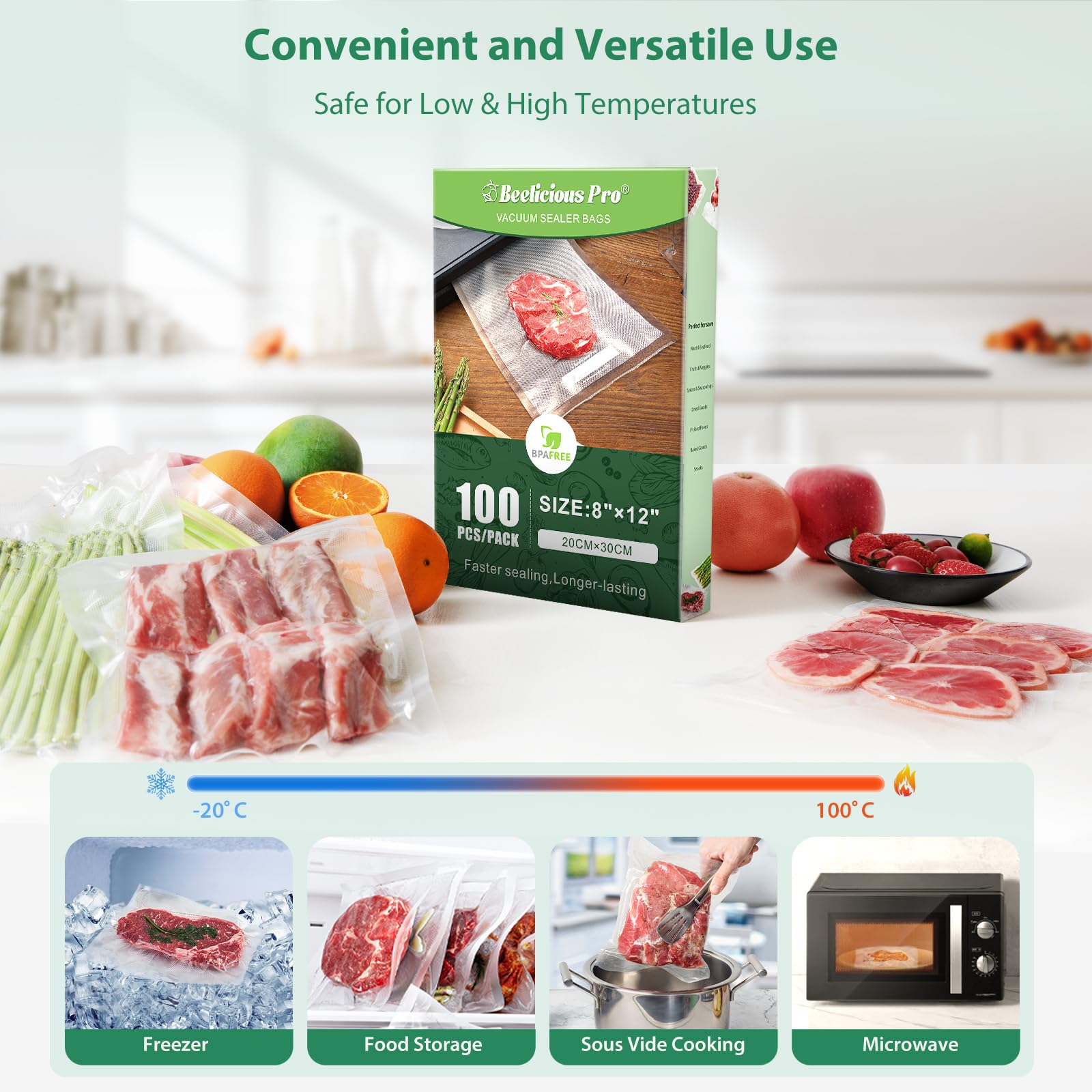 Premium BPA-Free Heavy Duty Vacuum Sealer Bags - 100 Count (8