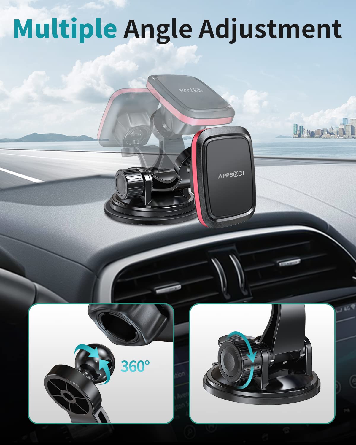 APPS2Car Magnetic Car Phone Mount - Adjustable Arm & 6 Strong Magnets, Universal Dashboard & Windshield Phone Holder for iPhone, Samsung, Pixel (Perfect for GPS Navigation & Hands-Free Driving)