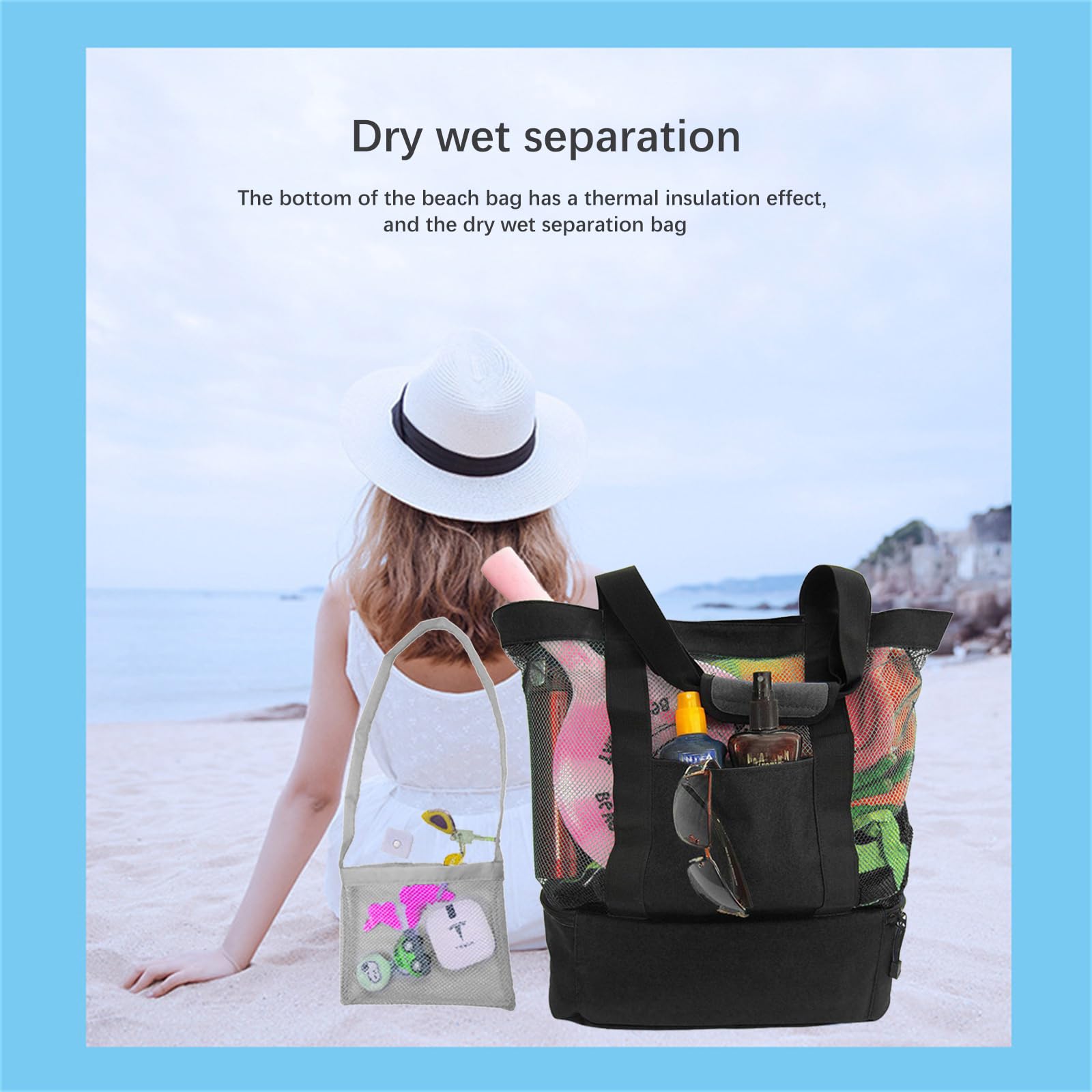 Multifunctional Mesh Beach Bag with Built-in Cooler - Large Outdoor Beach Tote with Small Pouch for Women - Perfect for Pool Parties, Picnics, and Summer Travel