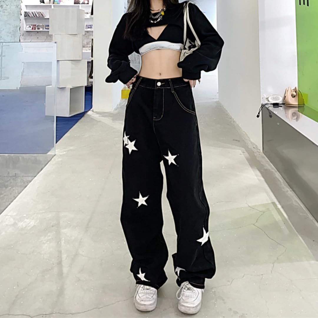 Y2K Baggy Jeans for Women - Vintage Star Jeans | High Waisted Loose Fit Denim Pants | Streetwear Fashion for Casual Outfits & Retro Style