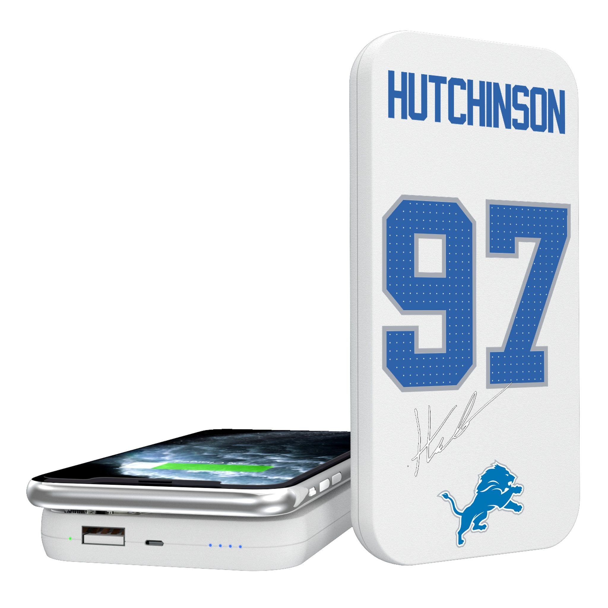 Aidan Hutchinson Detroit Lions 97 Ready 5000mAh Portable Wireless Charger - Fast Charging Power Bank for iPhone, Samsung & Android - Perfect for Travel, Work & Game Day