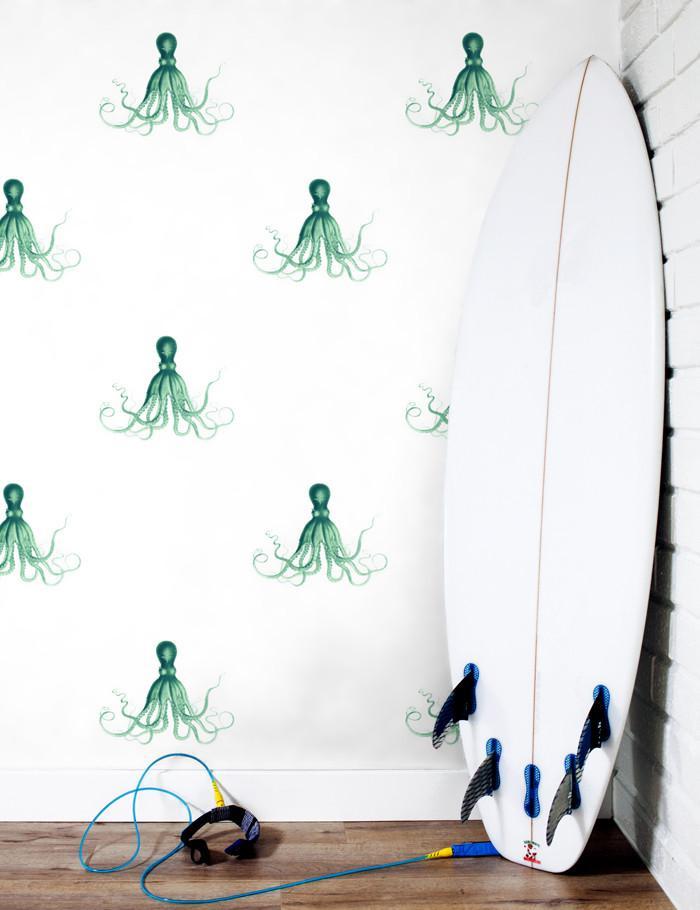 George The Octopus Green Wallpaper by Wallshoppe - Perfect for Nursery, Kids Room & Coastal Themed Decor