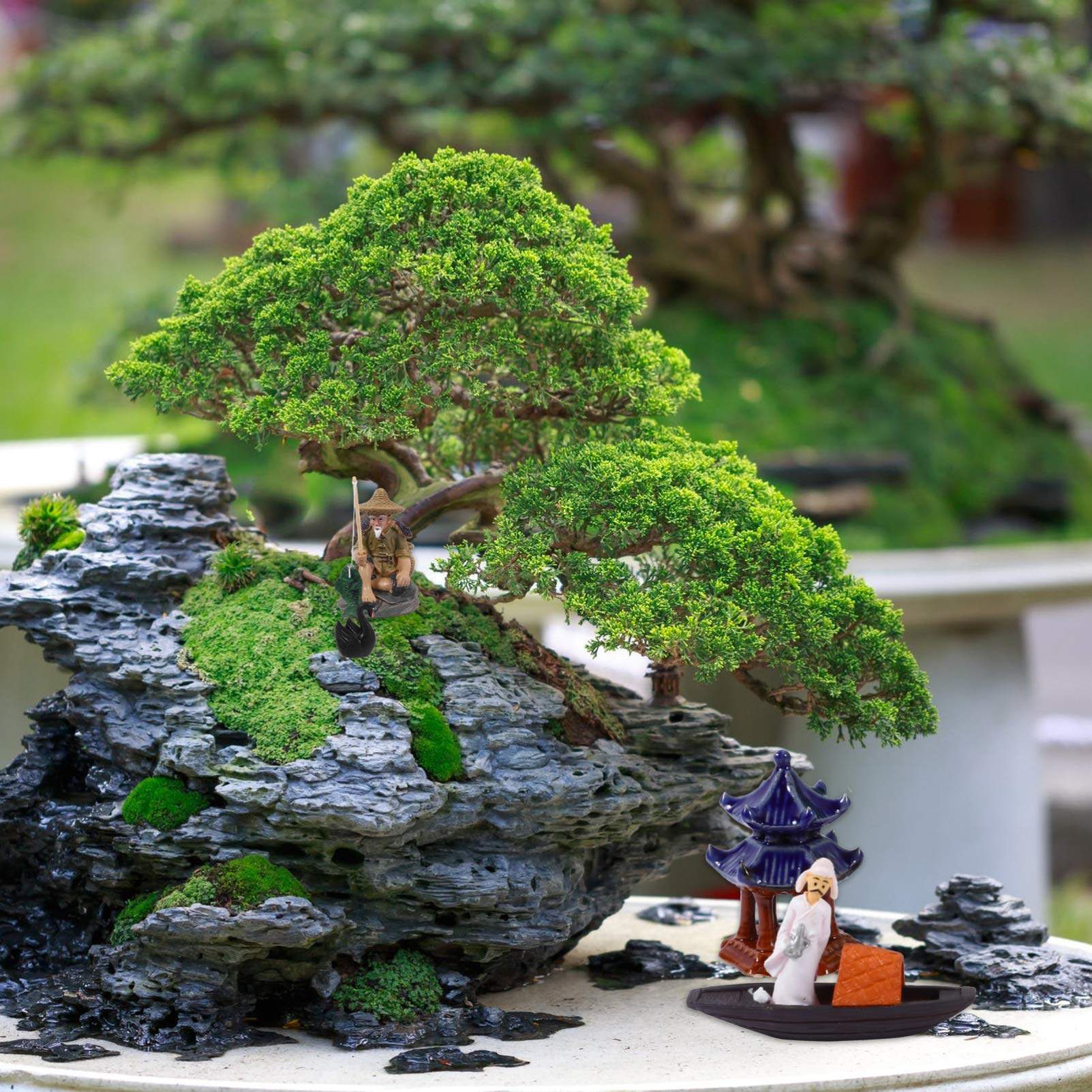Miniature Pagoda Lantern Set - Sandbox Fisherman Bridge, Tree & Boat Decor for Terrarium, Bonsai, Mini Pond | Office Desk Decorations & Zen Garden Accessories | Perfect for Home Décor, Aquarium Landscaping & DIY Fairy Gardens