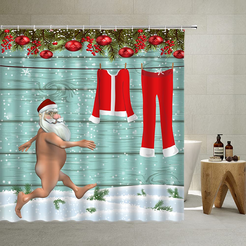 Funny Santa Naked Exercise Christmas Shower Curtain - 59x71 Inch Vintage Farmhouse Bathroom Decor with Hooks - Perfect for Holiday Bathroom Decorations, Christmas Gifts & Festive Home Decor