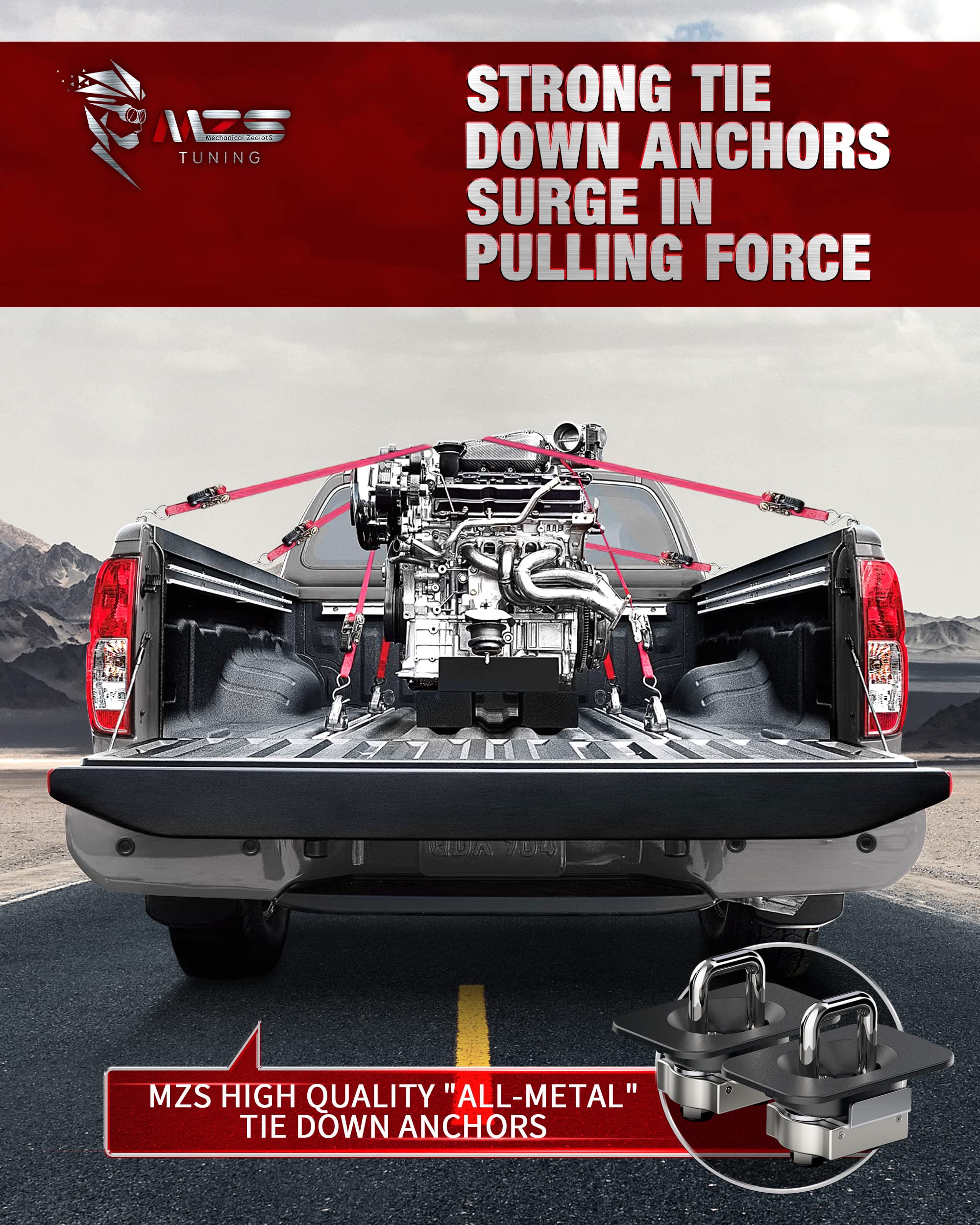 MZS Retractable D-Ring Tie Down Anchors - Heavy Duty All Metal Design - Compatible with 1998-2025 Ford F150, 2017-2025 F250/F350 Super Duty & Raptor (2 Pack) - Perfect for Truck Bed Cargo Securing, Towing, and Off-Road Adventures