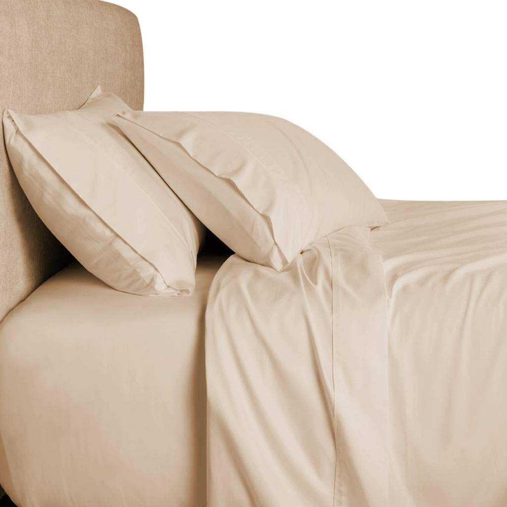 Luxurious 300 Thread Count Percale Egyptian Cotton Sheet Set - California King Size, Beige Solid Color - Premium Soft Bed Sheets for Hotel & Home Bedroom Comfort