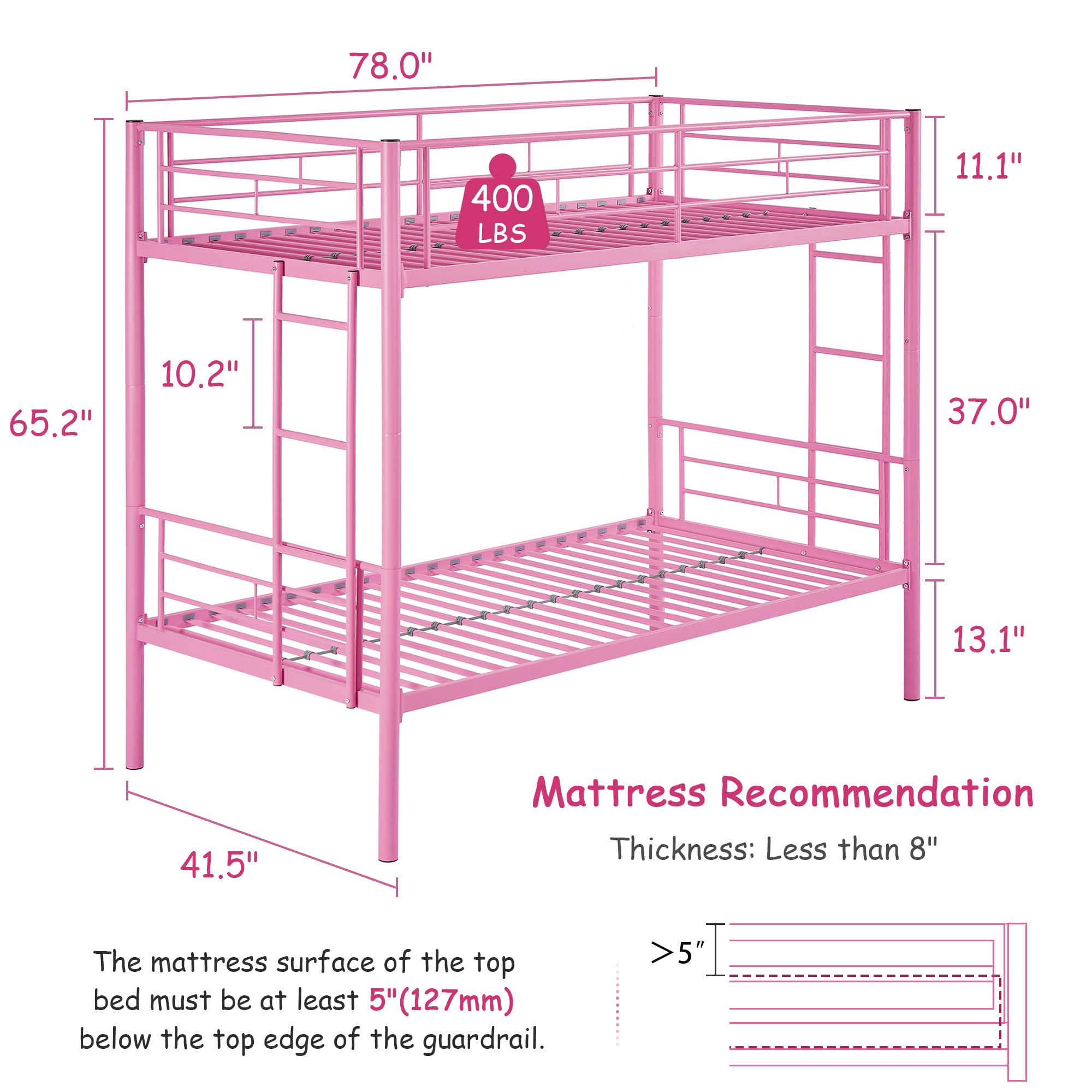 VECELO Twin Over Twin Metal Bunk Bed with Built-in Ladder & Safety Guardrail - Heavy Duty Space Saving Bunk Bed for Kids, Teens & Adults - No Box Spring Needed - Pink - Perfect for Small Bedrooms, Dorms & Guest Rooms