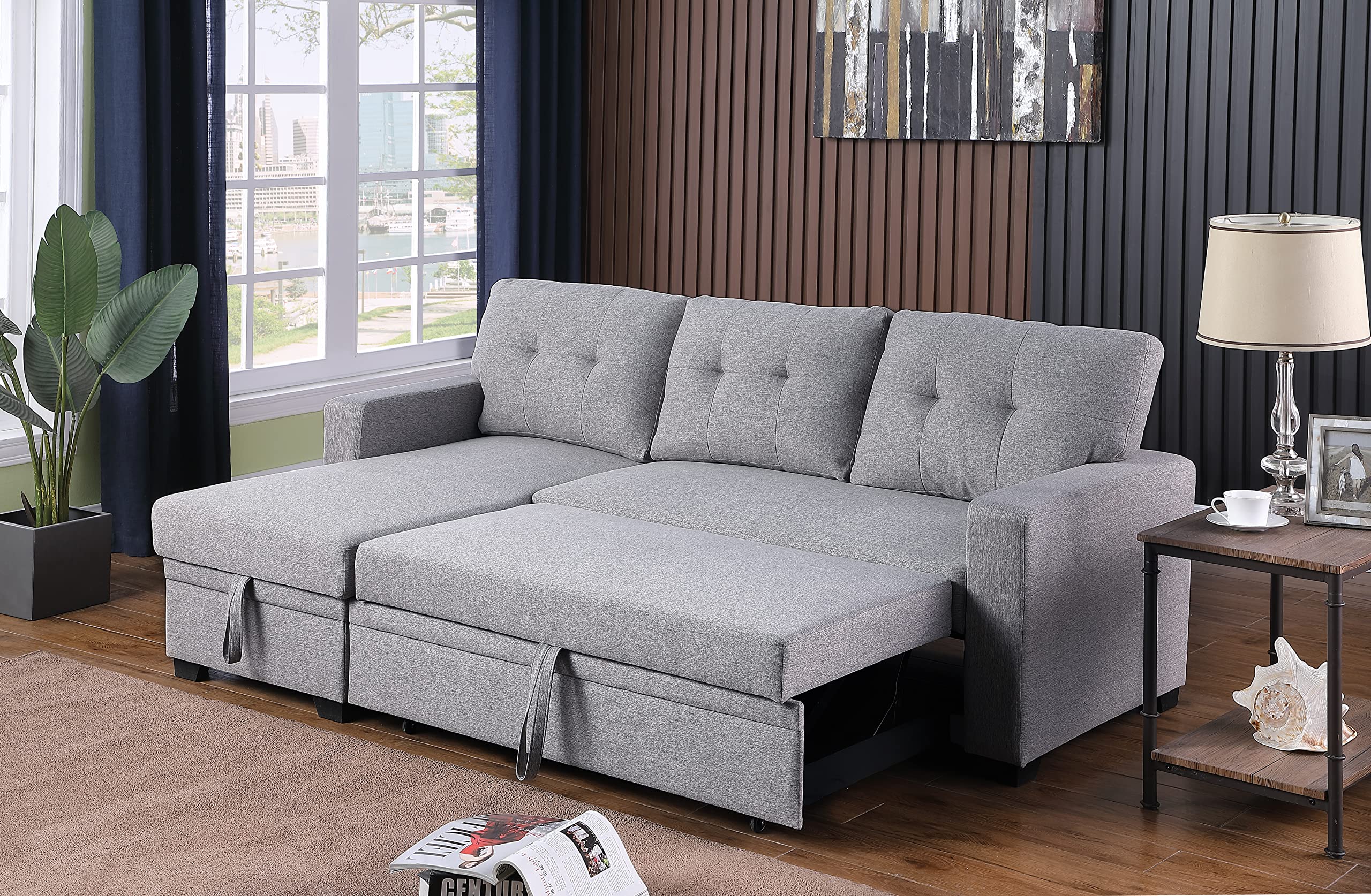 Devion Furniture L-Shape Sleeper Sectional Sofa with Linen Fabric - Convertible Sofa Bed for Living Room, Apartment & Dorm - Light Gray | Perfect for Small Spaces, Guest Rooms & Studio Apartments