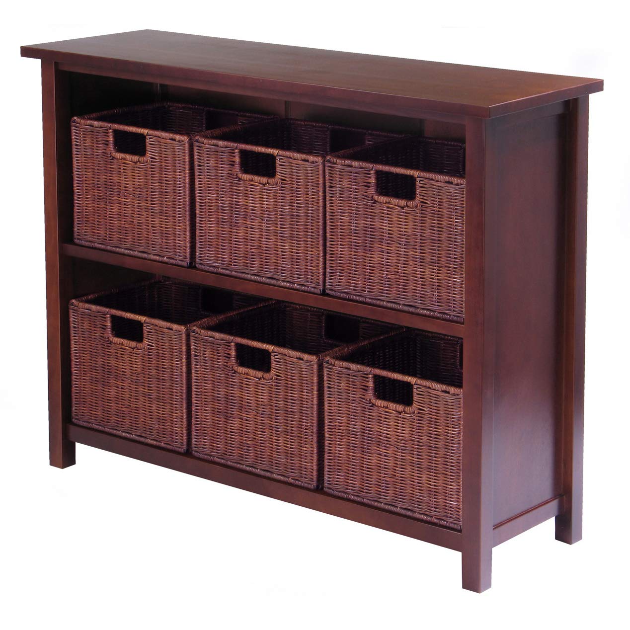 Winsome Wood Milan 3-Tier Open Shelf Storage Cabinet with 6 Rattan Baskets - Walnut Finish | Perfect for Bathroom, Kitchen & Bedroom Organization