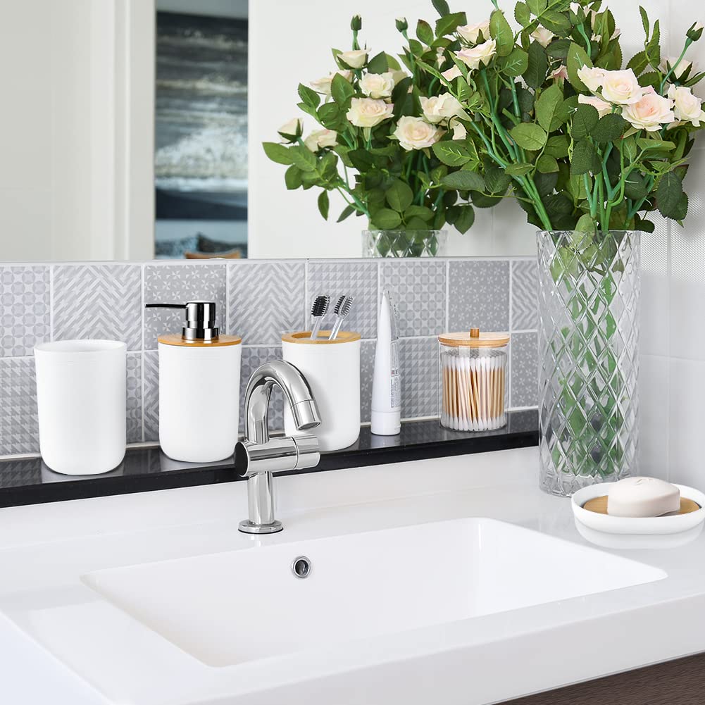 Otostar 6-Piece Bamboo Bathroom Accessory Set - Plastic Toothbrush Holder, Soap Dispenser, Q-Tip Holder, Tumbler, Soap Dish & Toilet Brush Holder - Modern Bathroom Organization for Home, Apartment, Hotel (White)