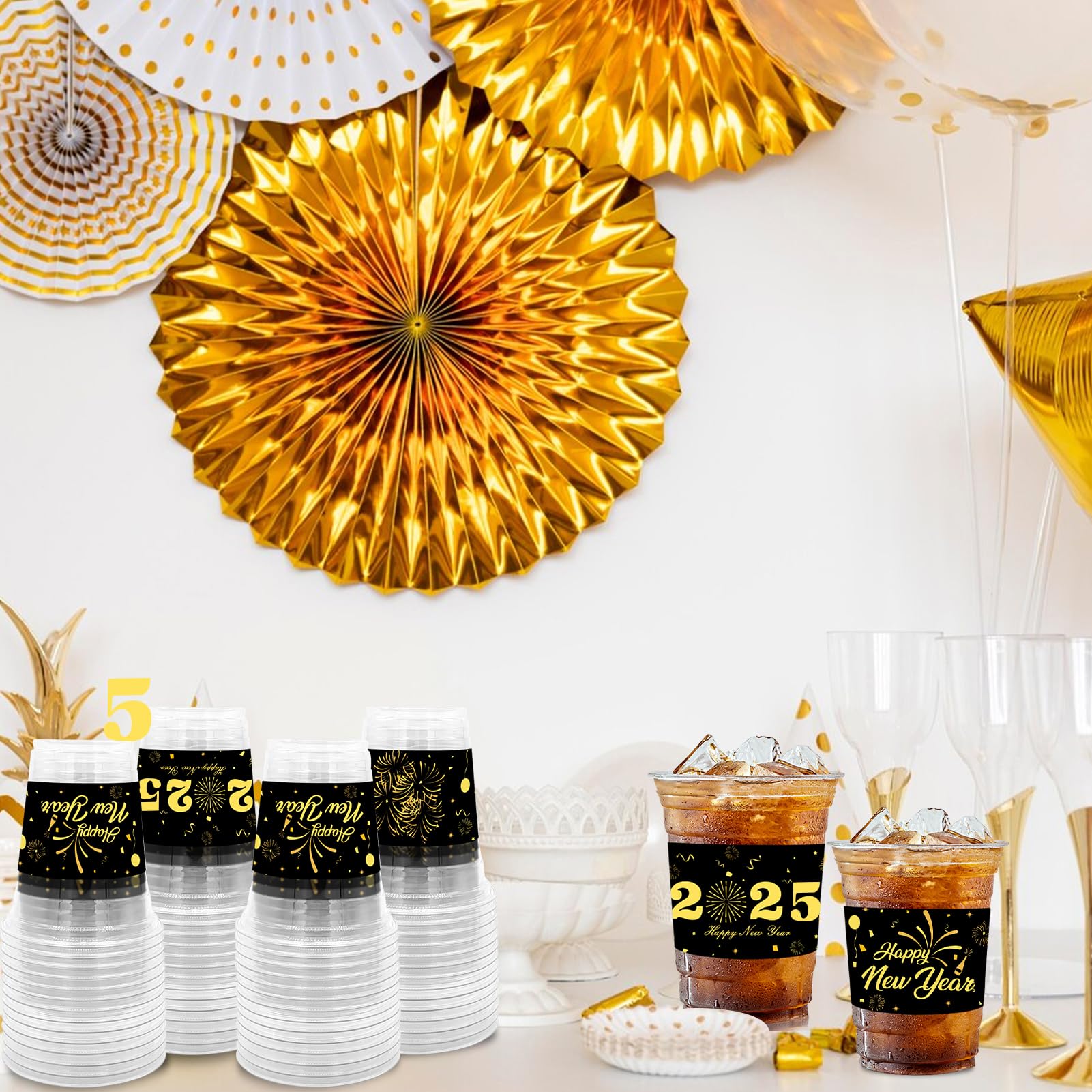 50 Count 2025 Happy New Year Party Cups - 12 oz Clear Plastic Disposable Cups for New Year's Eve Celebrations, Holiday Parties, Beer, Cocktails, Beverages & Ice Cream - Perfect for Countdown Events, Home Decorations & Office Celebrations