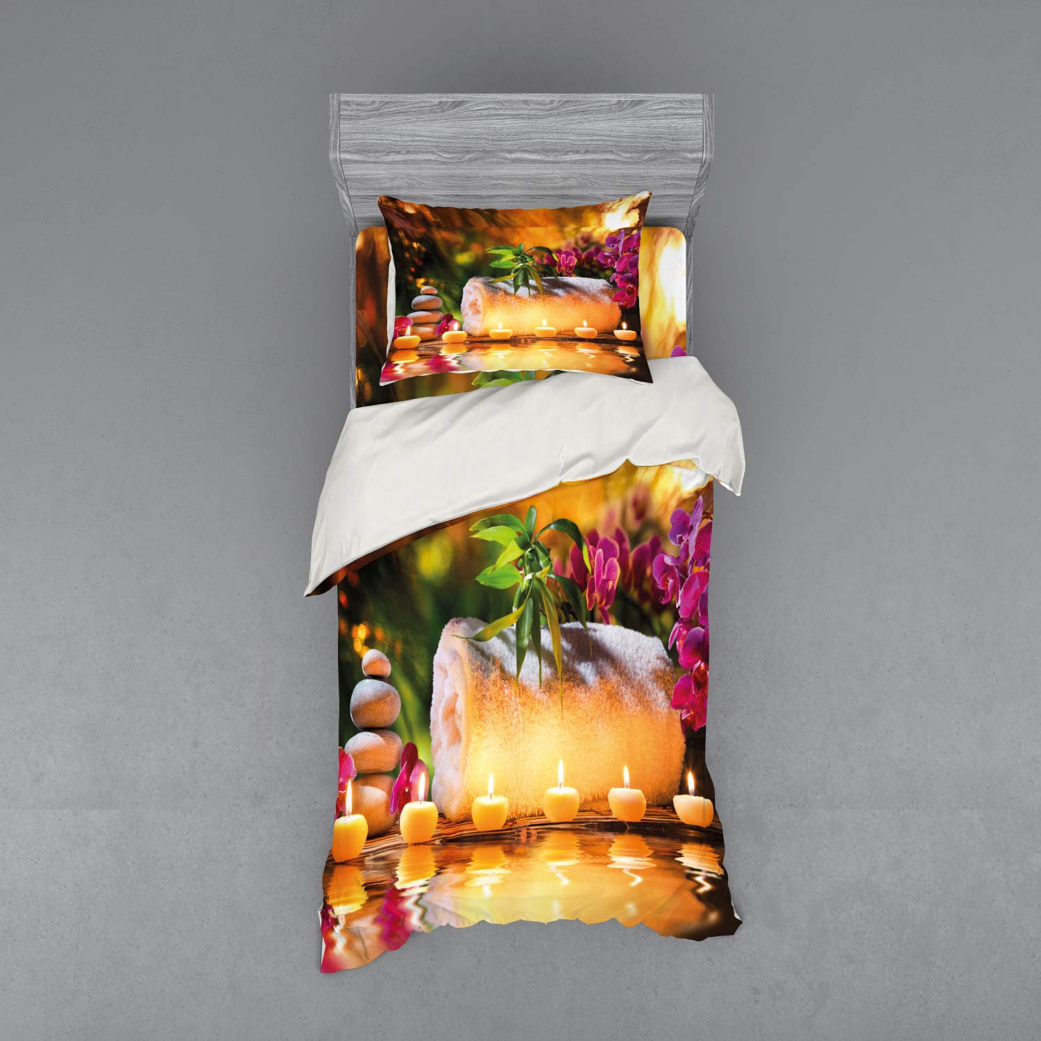 Ambesonne 3-Piece Spa Duvet Cover Set - Twin Size, Purple White & Green Floral Design with Romantic Candles & Orchids | Classic Garden-Themed Bedding with Sham & Fitted Sheet | Perfect for Relaxing Spa Days, Bedroom Decor & Gift Ideas