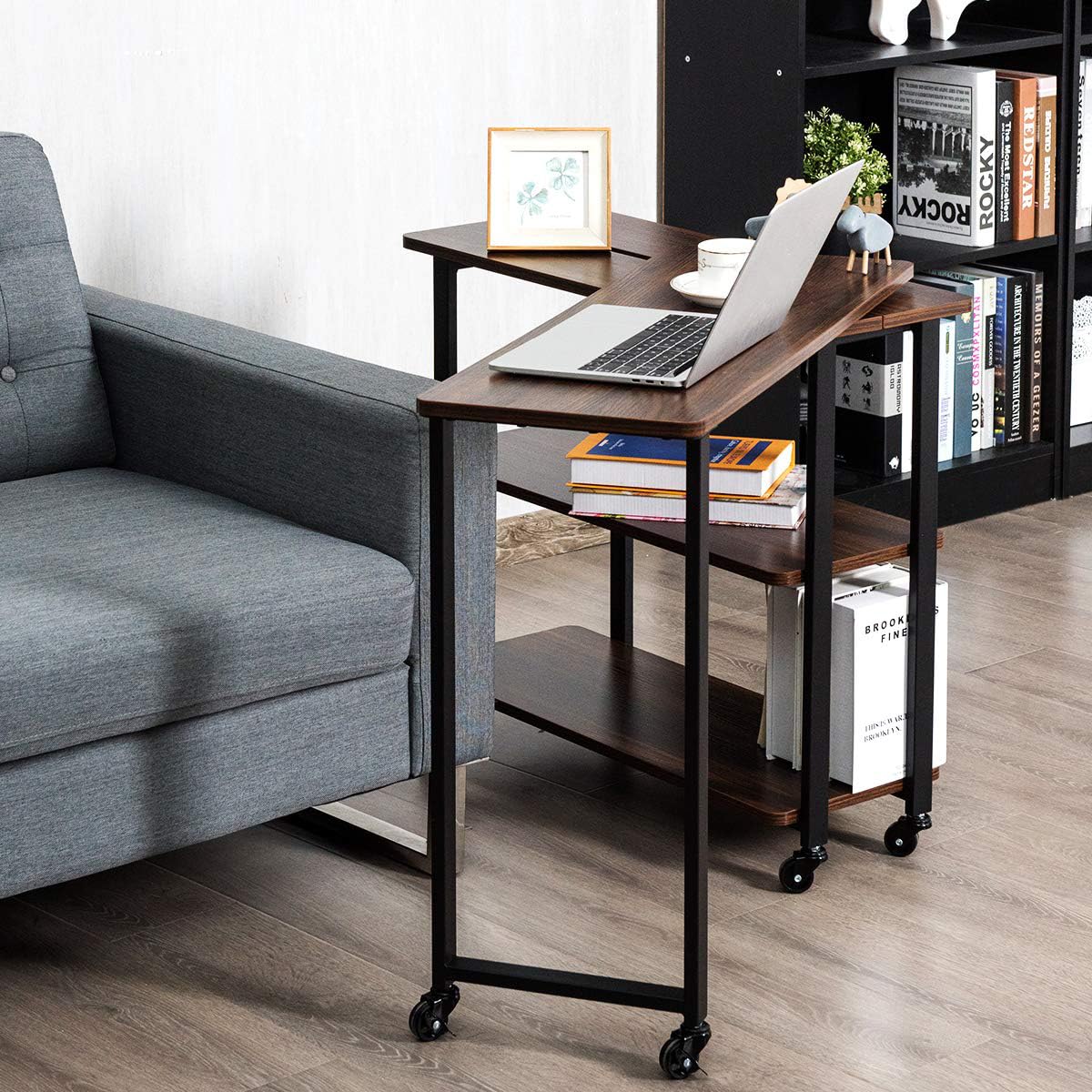 Tangkula 360° Rotating Sofa Side Table with 2-Tier Storage - Patented Mobile Couch Desk for Laptop, Snacks & Home Office - Sturdy Metal Frame Living Room & Bedroom Organizer