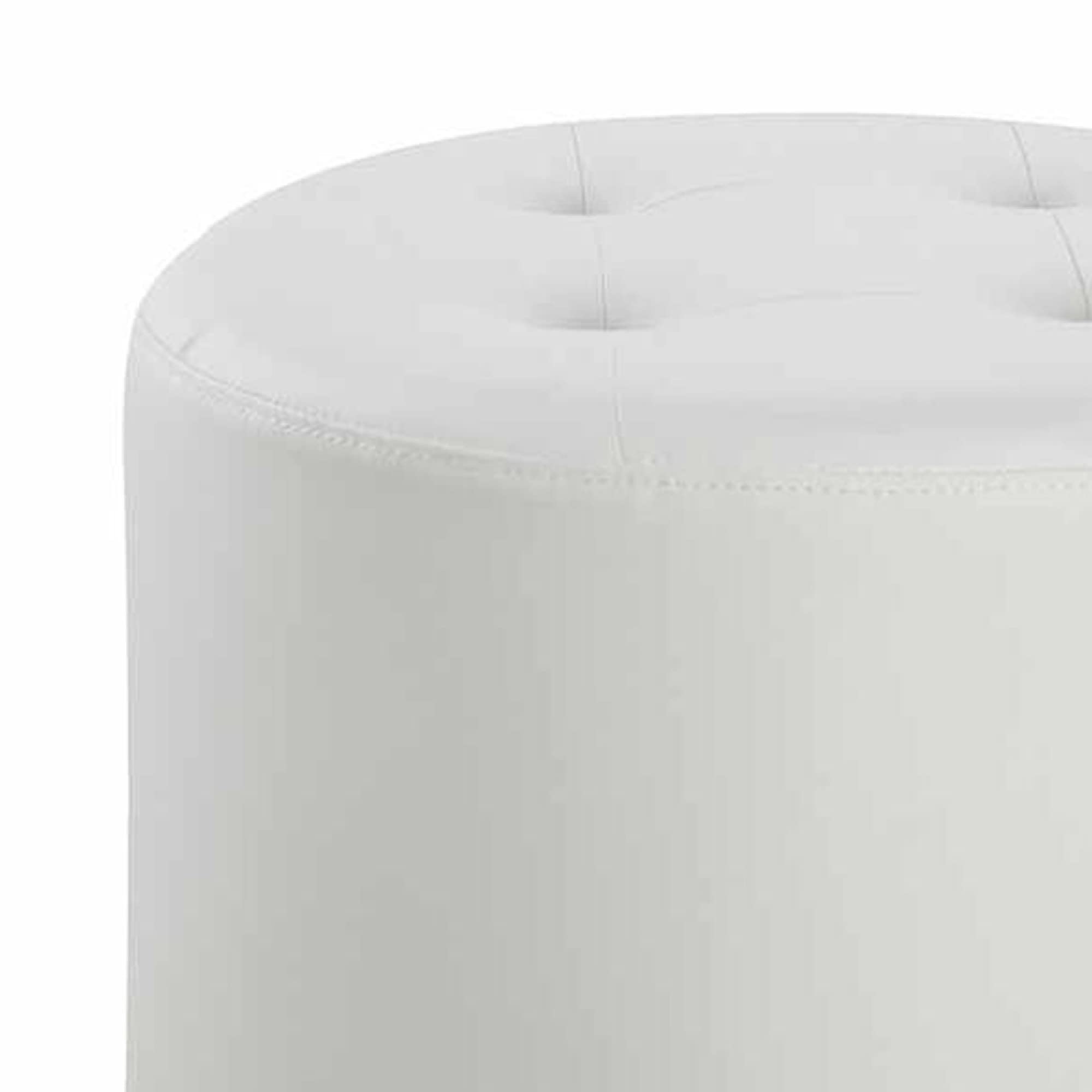 Benjara 18 Inch Round Swivel Ottoman - Vegan Faux Leather Tufted Seat with White & Chrome Finish | Perfect for Living Room, Bedroom & Office Decor