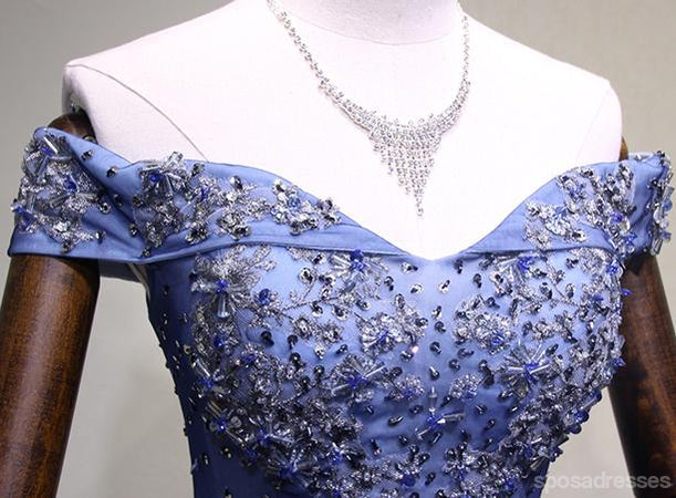 Elegant Off Shoulder Blue Tulle Beaded A-Line Long Evening Prom Dress for Women - Perfect for Formal Dances, Weddings & Special Occasions