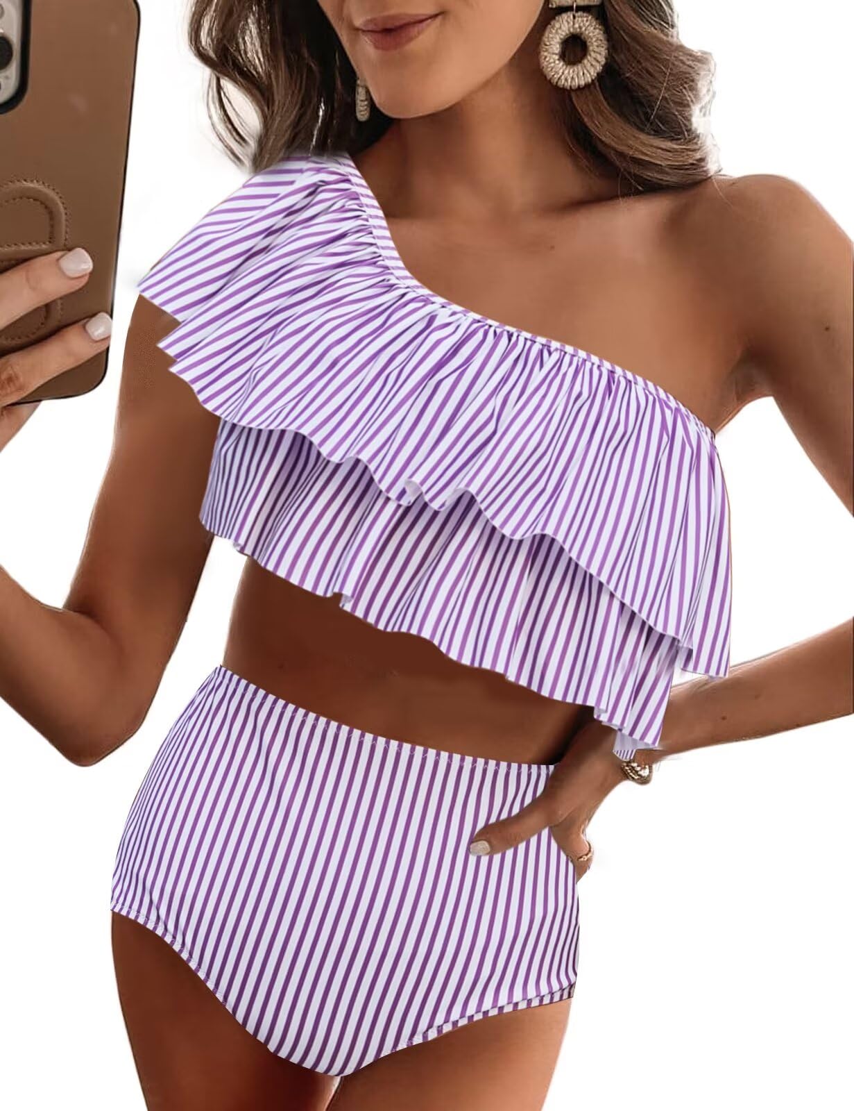 VIMPUNEC Women's Striped High Waisted Ruffle One Shoulder Bikini Set - Sexy Two Piece Bathing Suit for Beach, Pool Party & Summer Vacation