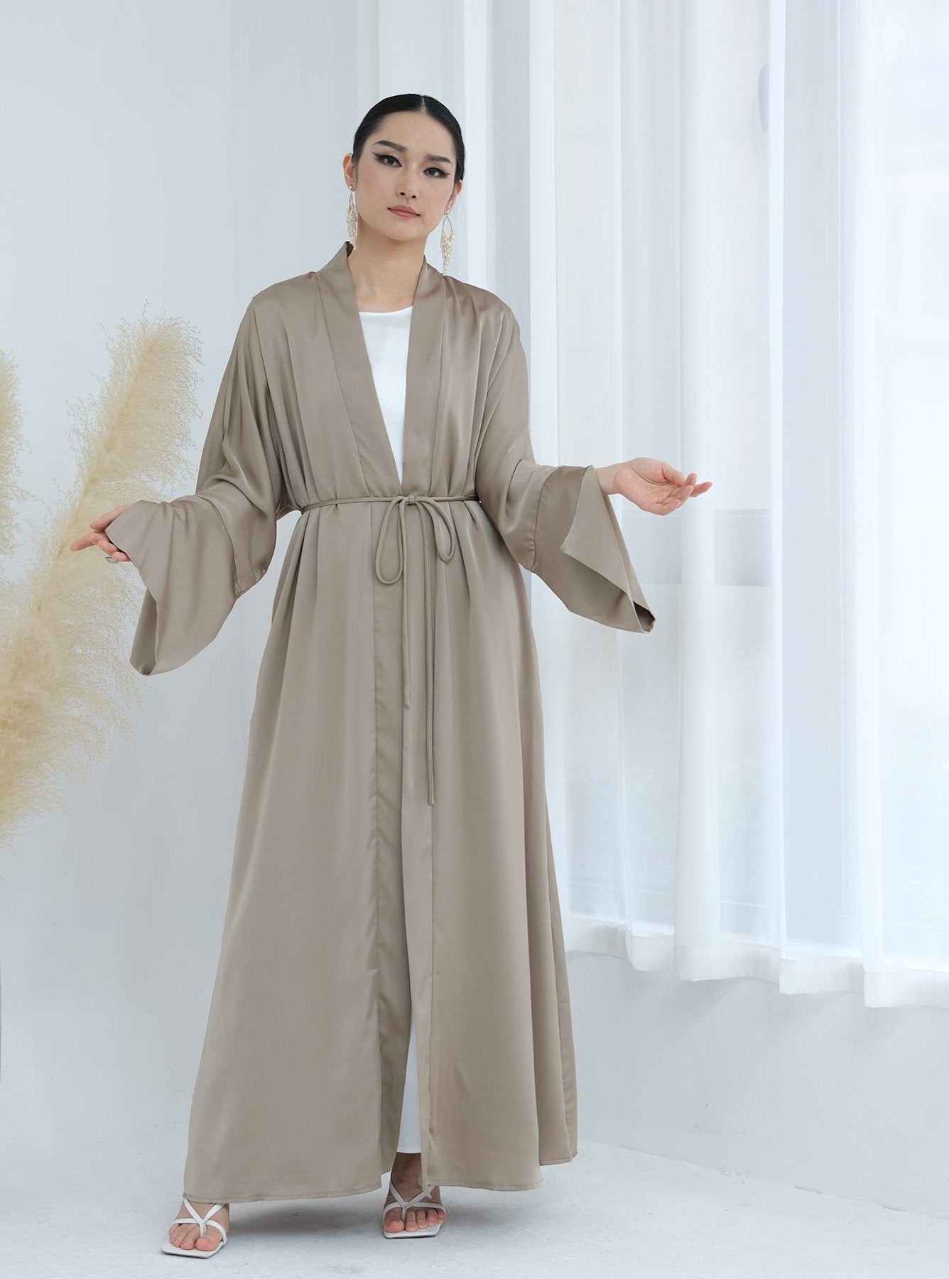 Lavinia Satin Open Abaya Champagne - Elegant Muslim Prayer Dress for Women | Perfect for Eid, Ramadan & Special Occasions