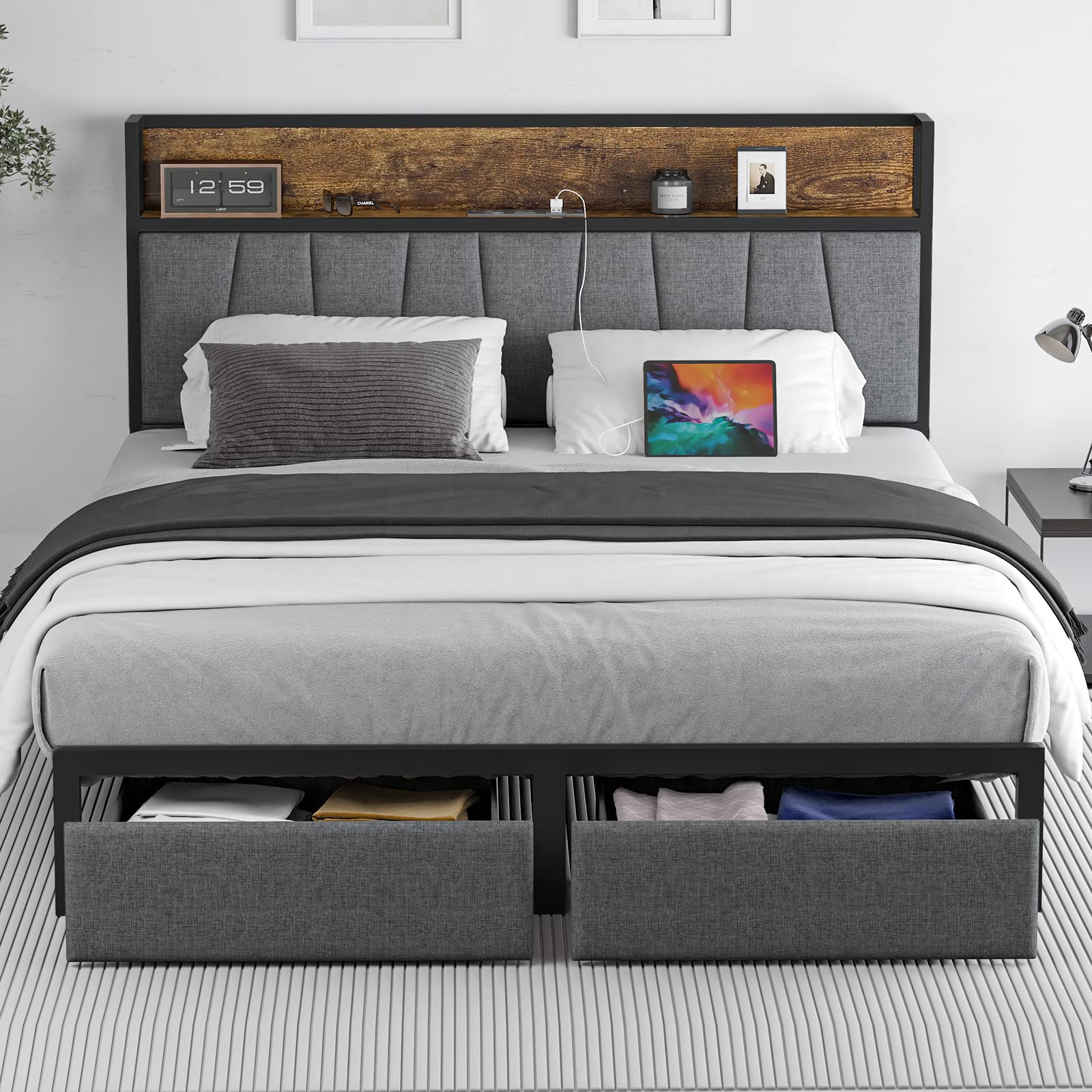 Queen Size Bed Frame with Headboard & Storage Drawers - Heavy Duty Platform Bed with USB Charging Station & LED Lights - No Box Spring Needed - Perfect for Master Bedrooms, Guest Rooms & Small Spaces