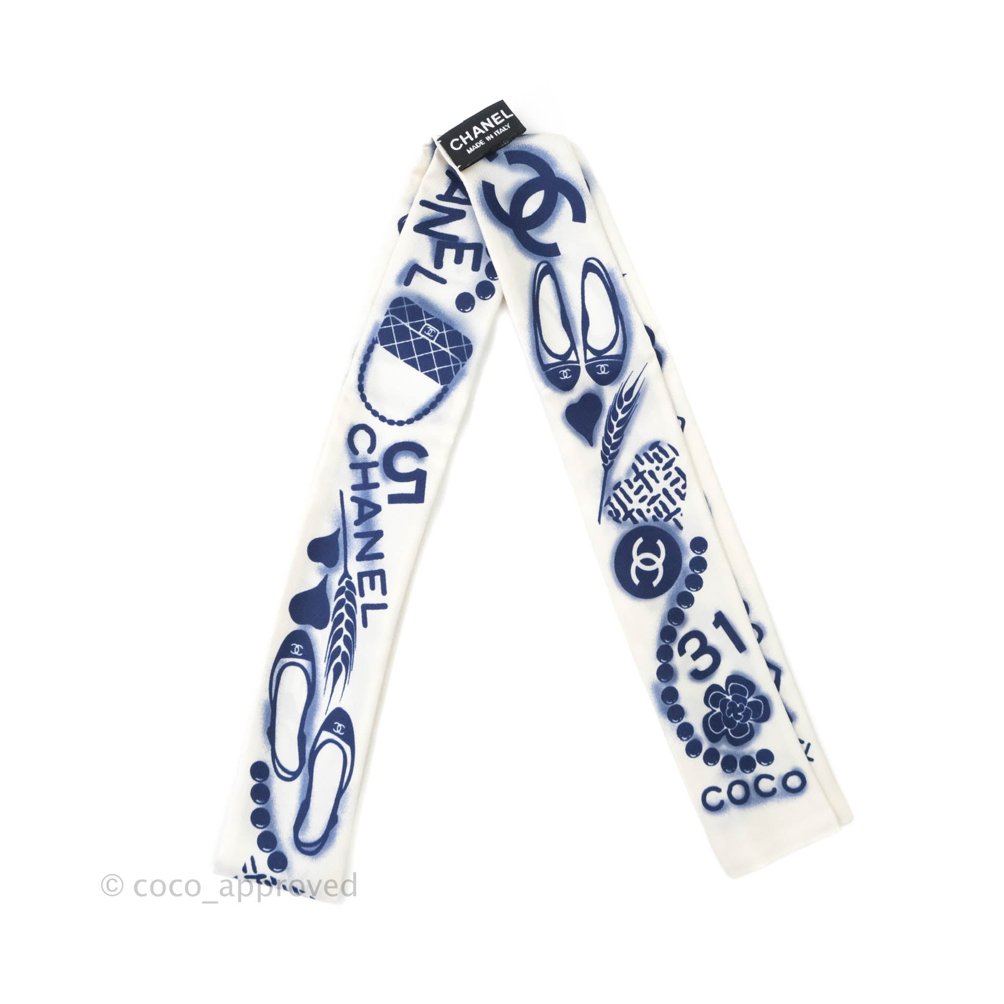 Chanel CC Silk Twilly Scarf - White Luxury Fashion Accessory for Women | Perfect for Handbags, Hats & Gift Giving