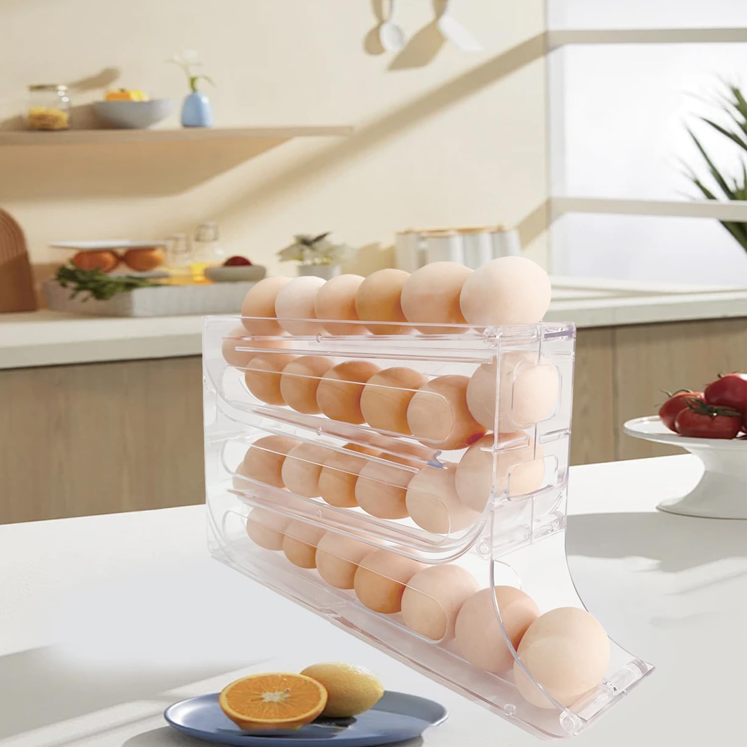 4-Layer Auto Rolling Egg Holder for Refrigerator - Transparent Space-Saving Egg Dispenser Storage Tray (Holds 30 Eggs) - Perfect for Kitchen Cabinets, Tables, Restaurants & Home Organization