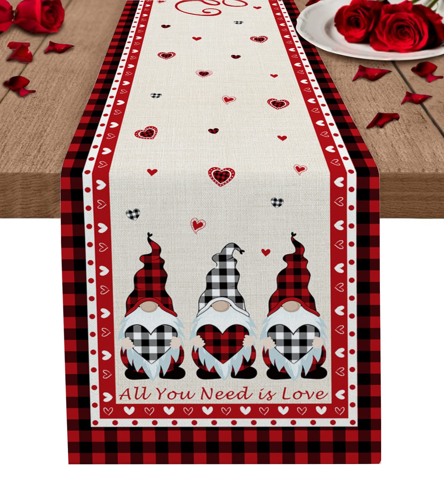 Valentine's Day Cute Gnomes Table Runner 36 Inch - Heat Resistant Cotton Linen Tablecloth for Farmhouse Decor, Indoor Outdoor Party, Romantic Dinner & Holiday Home Decor - Perfect for Weddings, Anniversaries and Seasonal Celebrations