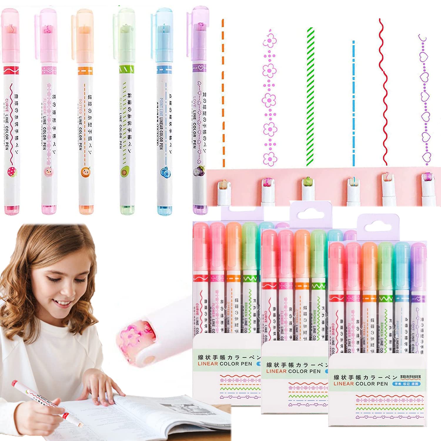 Curved Highlighter Pen Set - 6 Unique Shapes & 8 Vibrant Colors, Dual Tip Design for Journaling, Note Taking, Bible Study and Office Use | 3 Pack (6 Colors Each)