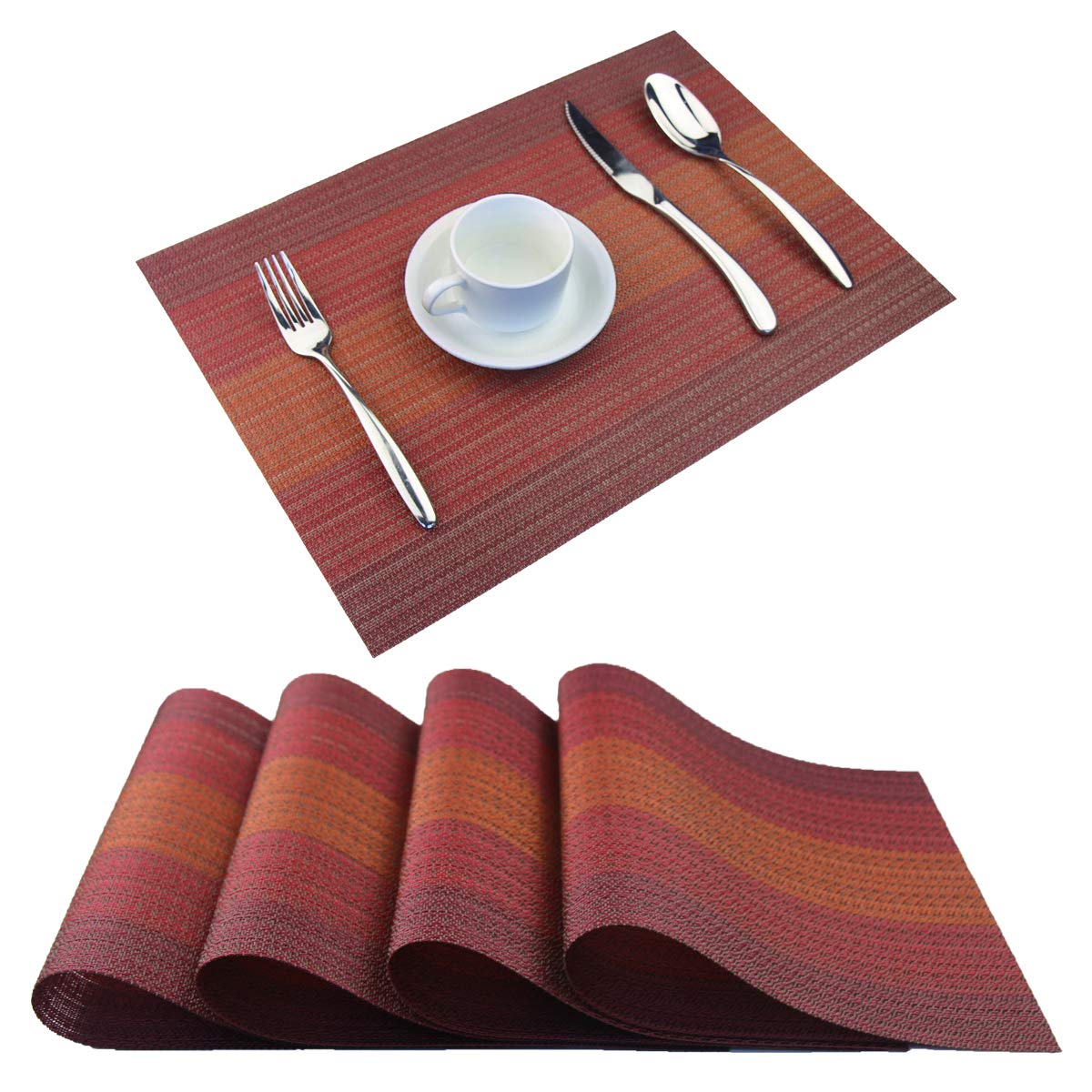 Washable Vinyl Placemats Set of 4 - Easy to Clean Woven Table Mats for Dining Room, Kitchen, Office - Red (Perfect for Everyday Meals, Parties & Spill Protection)