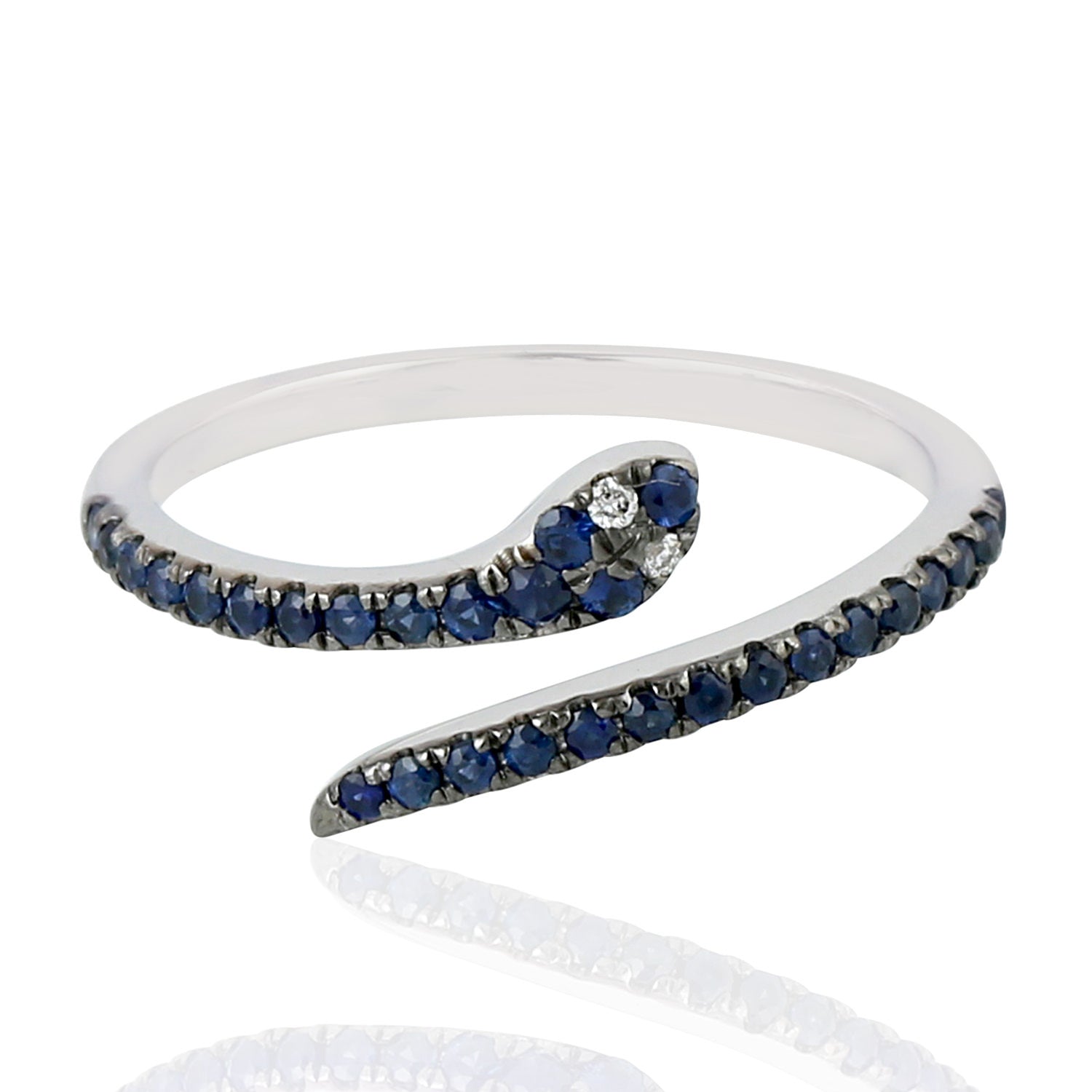 18K White Gold Pave Blue Sapphire Diamond Snake Bypass Ring for Women - Elegant Jewelry Gift for Anniversary, Birthday & Special Occasions