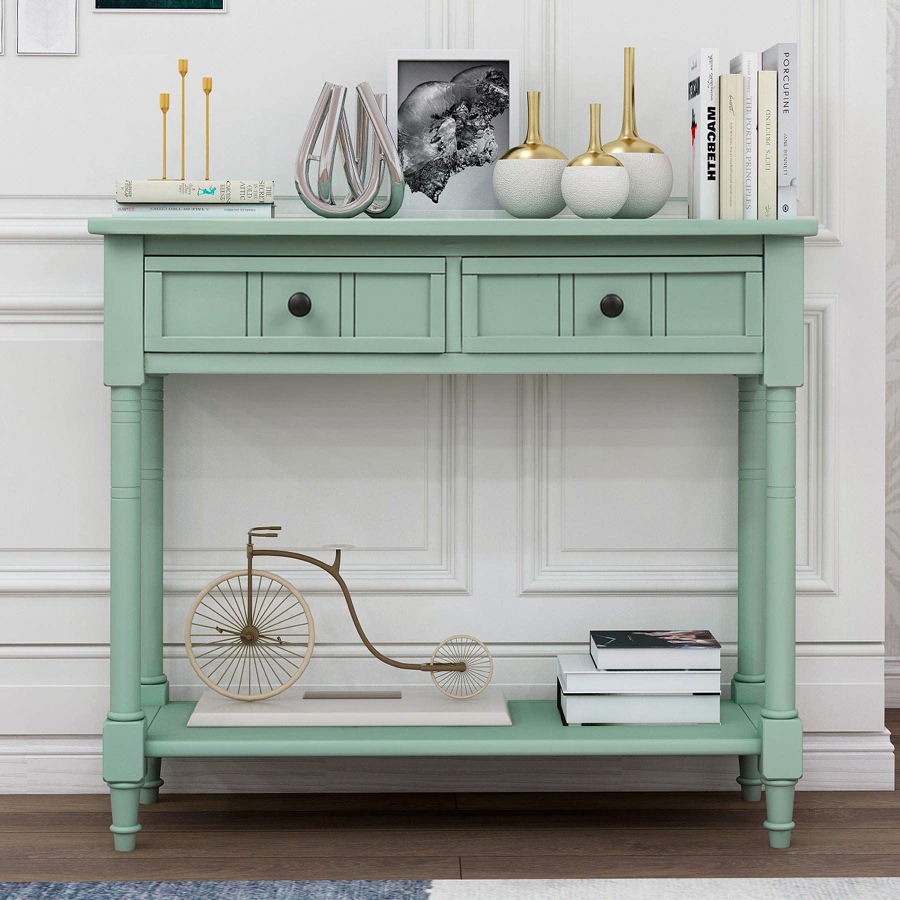 P PURLOVE Wooden Console Table with 2 Drawers & Bottom Shelf - Modern Sofa Table Sideboard for Living Room, Bedroom, Entryway (Tiffany Blue) - Perfect for Hallway Storage & Home Decor