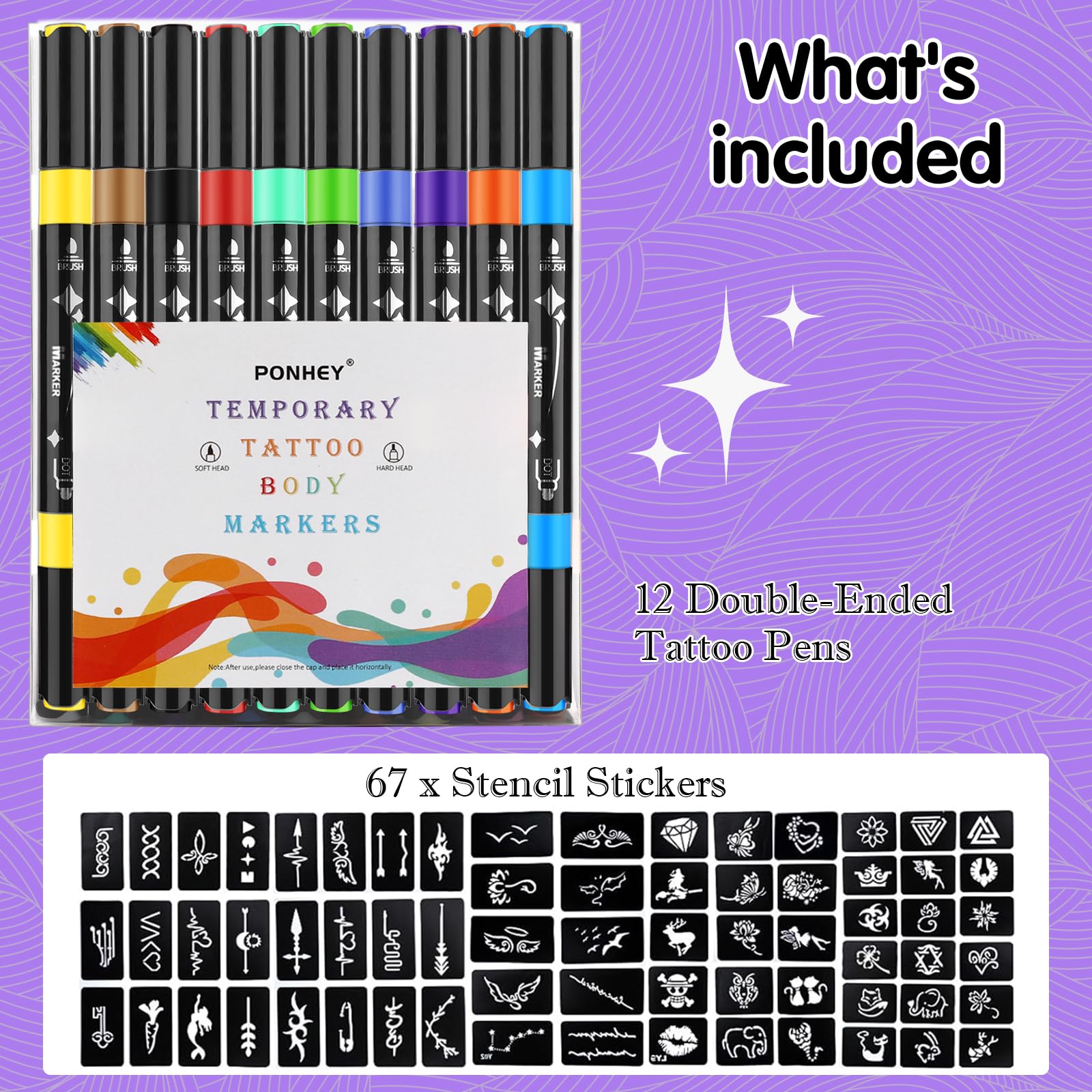 Ponhey Temporary Tattoo Markers Kit - 12 Dual-End Skin Markers & 67 Large Stencils for Adults | Cosmetic-Grade, Skin-Safe Body Art Pens with Fine Tip | Perfect for Halloween, Costume Parties, Festivals & Face Painting