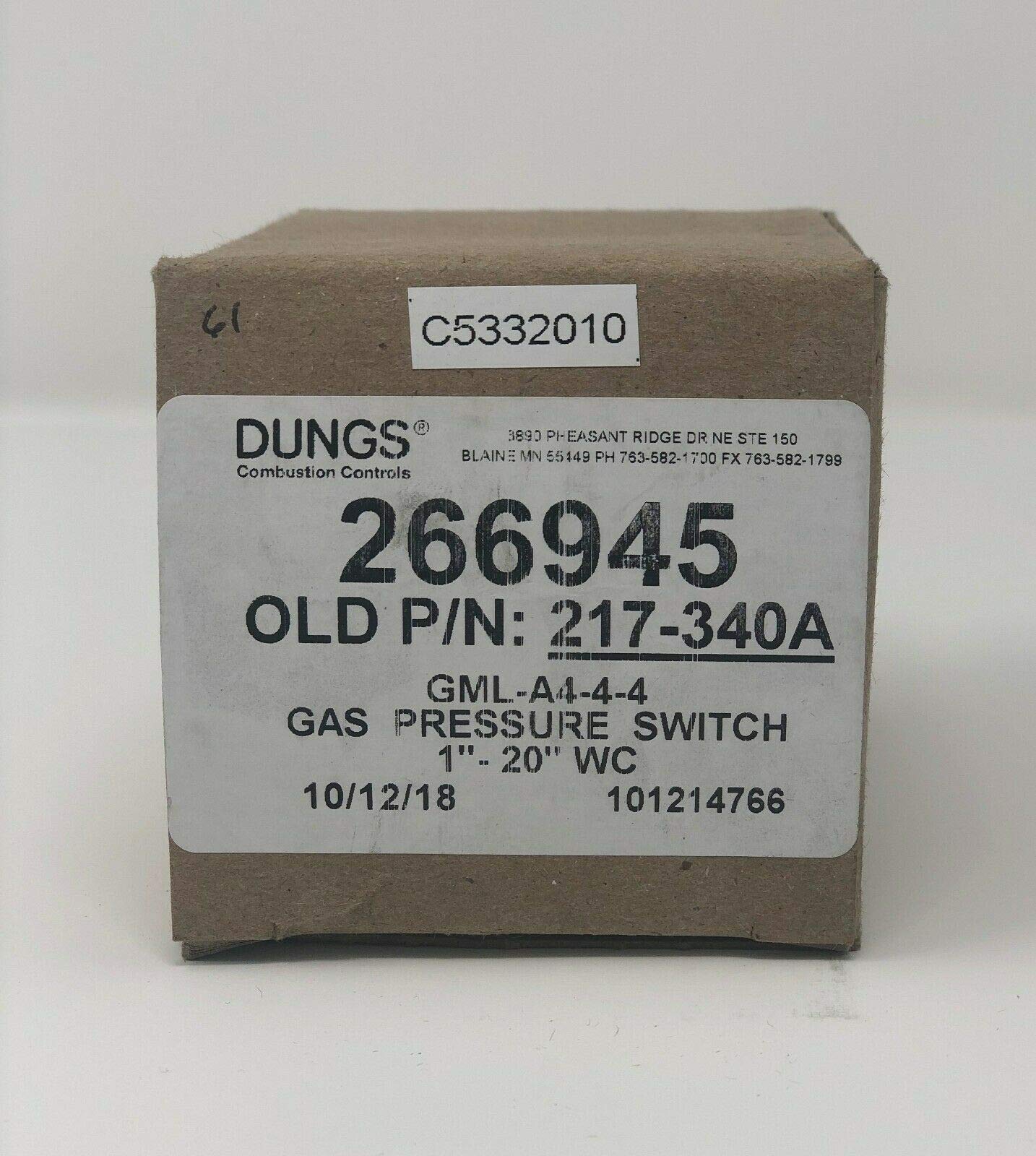 266945 Gas Pressure Switch - NEMA 4 Rated (Formerly 217-340A) - 1 to 20 W.C Pipe Mount - Manual Reset SPDT Switch 10A @ 120VAC - Ideal for HVAC, Industrial Equipment & Gas Furnace Safety Controls