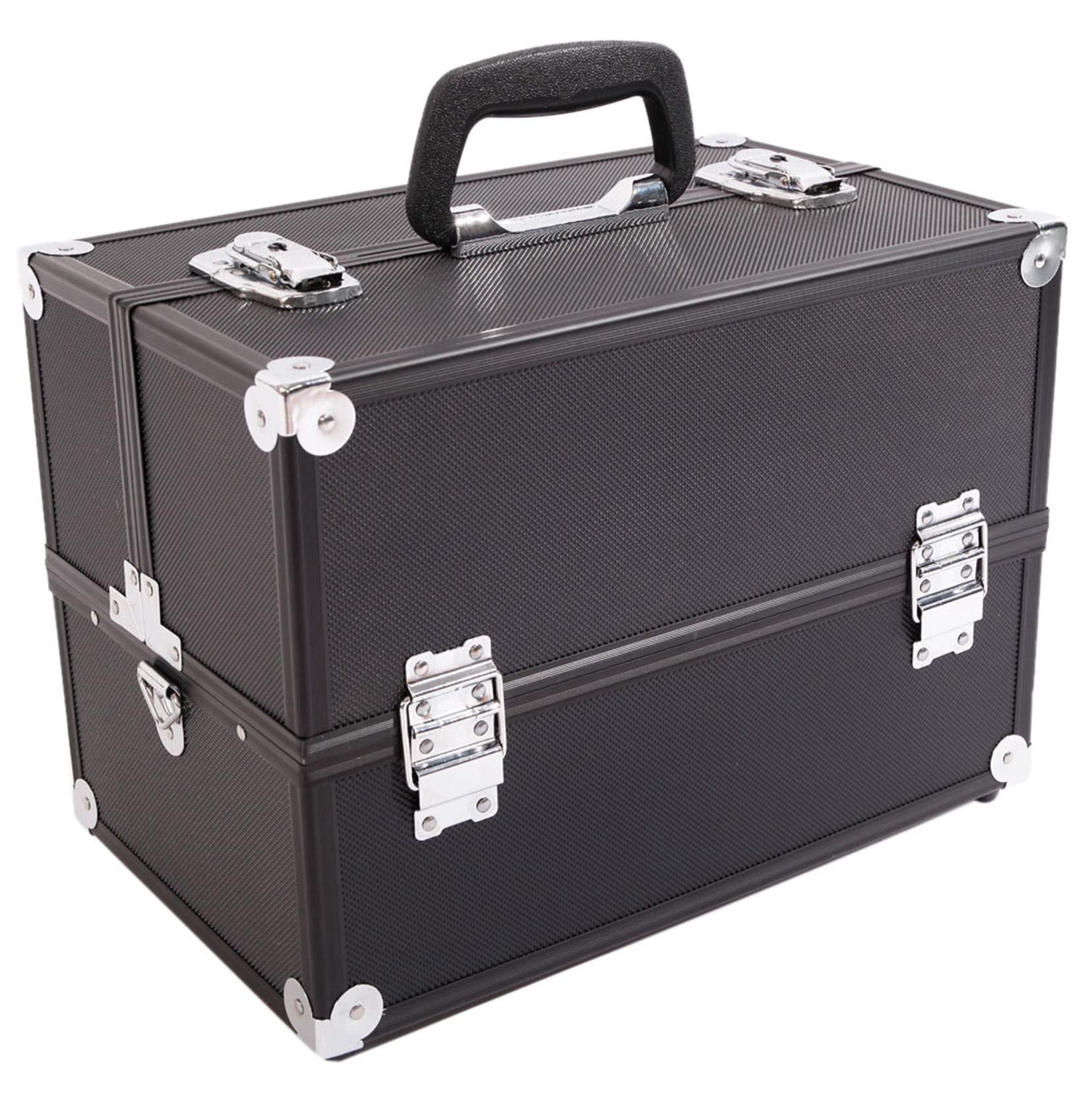 DZMARK SM-2083 Professional Aluminum Alloy Makeup Train Case - Black Jewelry & Cosmetic Organizer with Brush Storage | Portable Travel Toiletry Bag for Women | Perfect for Salon, Home Vanity & Vacation Essentials