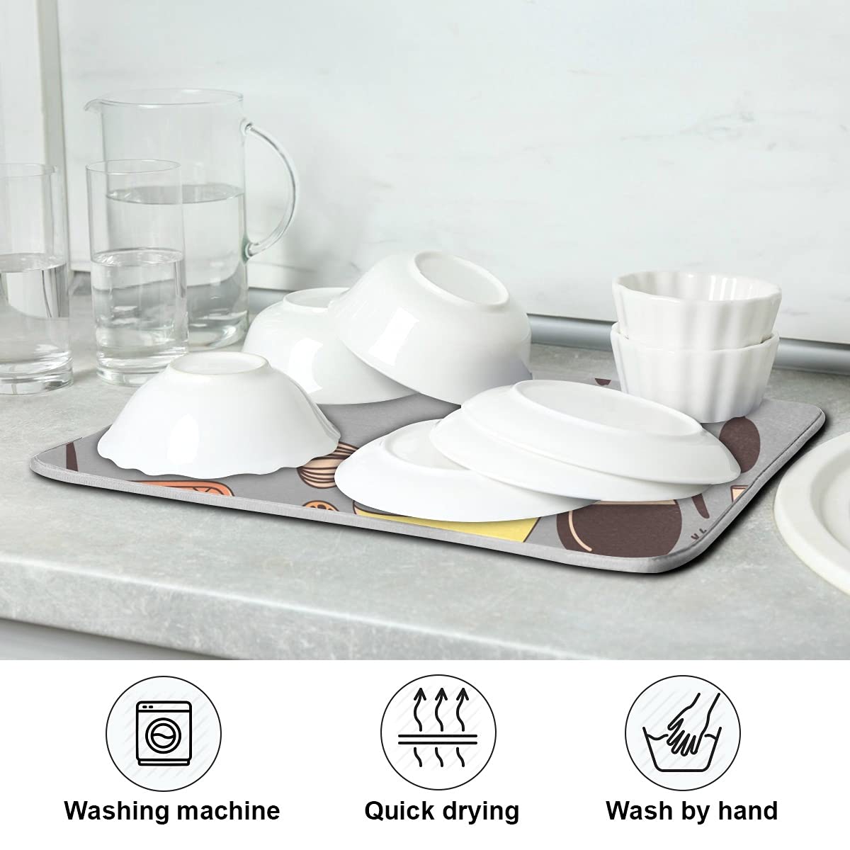 Microfiber Dish Drying Mat 18x24 - Grey Reversible for Kitchen Counter | Fast Absorbent Dishes Pad for Drain Rack & Counter Protection