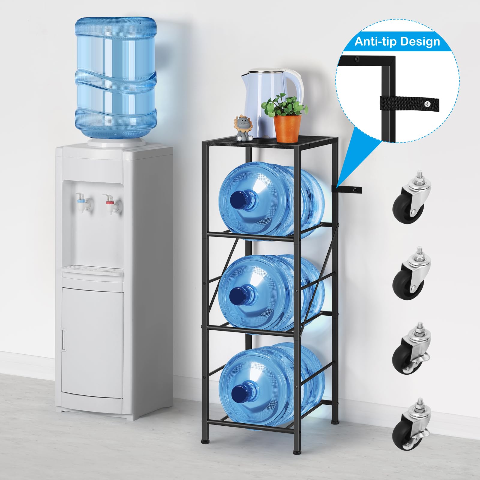 **Smusei 5 Gallon Water Bottle Holder - Heavy Duty 3-Tier Water Jug Stand with Wheels & Top Shelf - Organizer Storage Rack for Kitchen, Office, Living Room - Perfect for Home, Workplace & Outdoor Use**