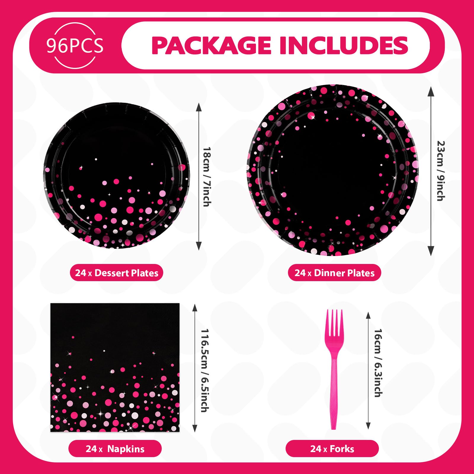 96-Piece Hot Pink & Black Party Supplies Set - 350GSM Dotted Party Plates, Napkins - Bachelorette, Birthday, Wedding Tableware Decor (Serves 24) - Perfect for Bridal Showers, Baby Showers & Themed Parties