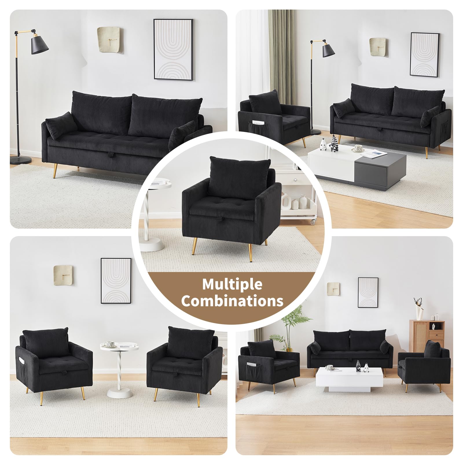 Furnimart 3-Piece Corduroy Living Room Furniture Set - Loveseat Sofa & 2 Accent Chairs for Small Spaces, Apartments, Tiny Homes | Modern Black Couch Set for Cozy Living Rooms, Studio Decor & Compact Spaces