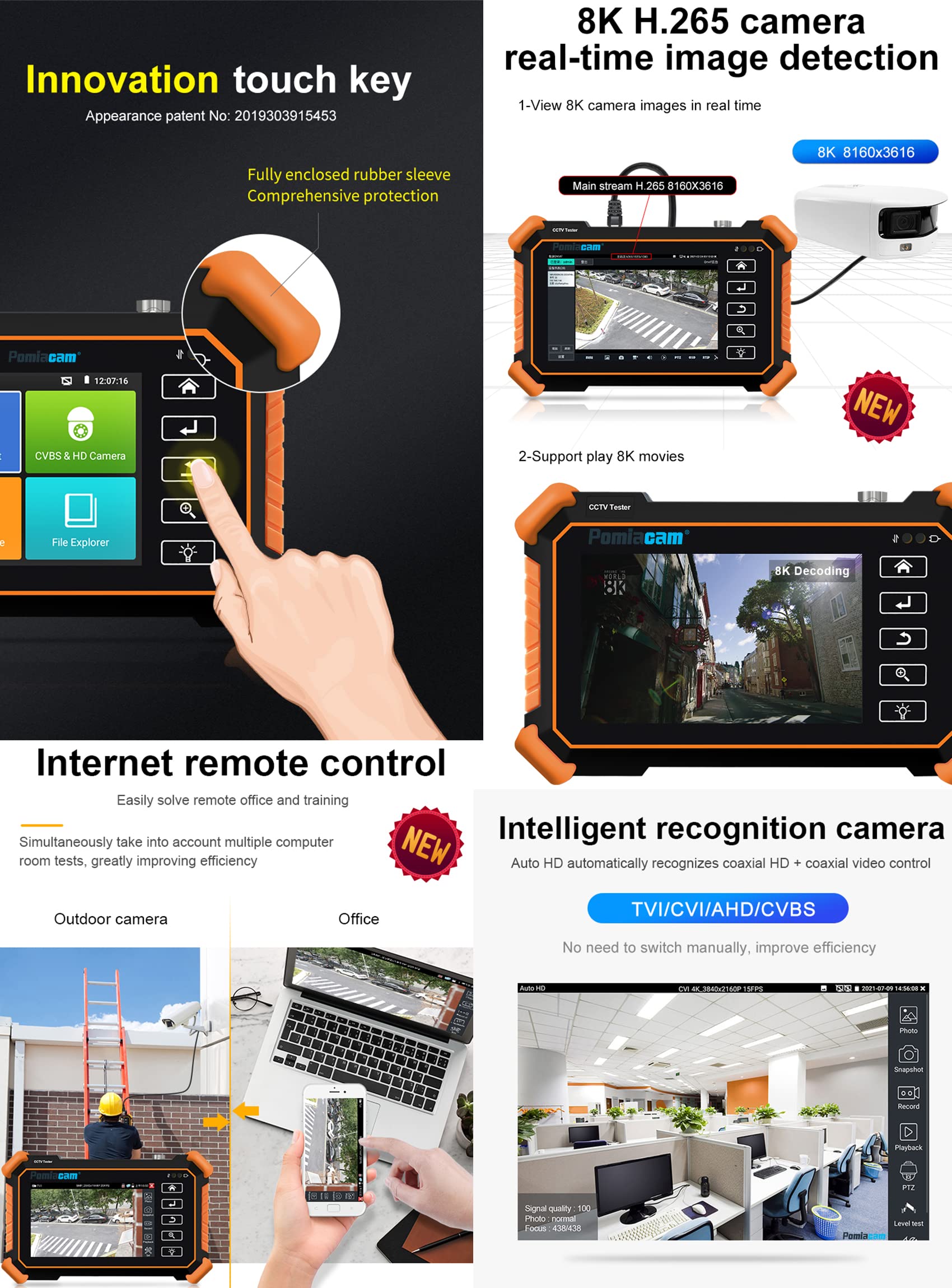 IPC-1910 Plus 4 Inch Touch Screen IP Camera Tester - 8K/4K/8MP Resolution, Supports H.265, POE, PTZ, WiFi & RS485 - Compatible with Coax, AHD, CVI, TVI Cameras - Ideal for CCTV Installation, Security System Testing & Camera Maintenance