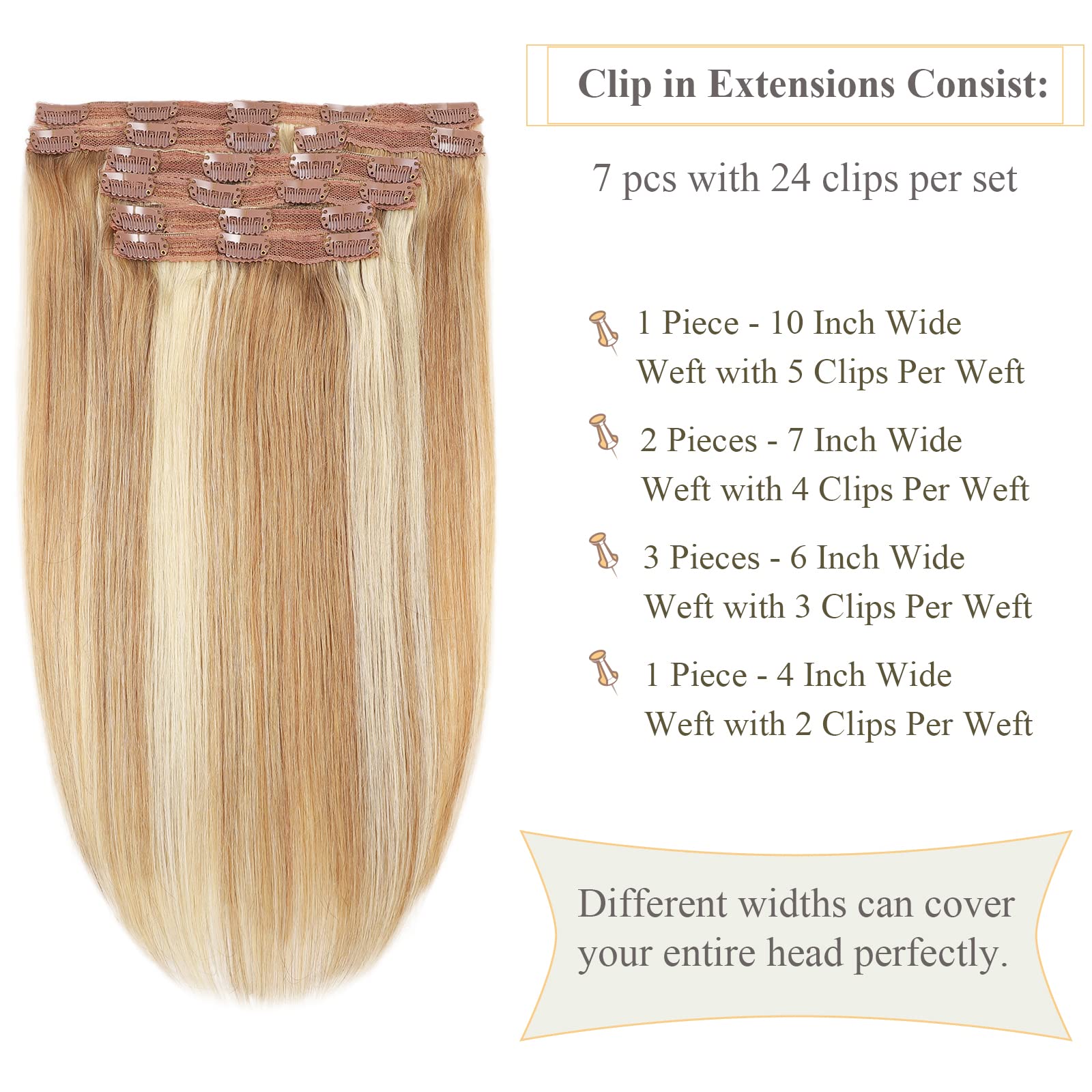 Clip in Hair Extensions 14 Inch Human Hair - 7pcs 120g Remy Straight Natural Soft Real Hair Extensions with 24 Clips | Balayage Mixed Bleach Blonde Highlights | Perfect for Women's Daily Styling, Parties & Special Occasions #P18/613