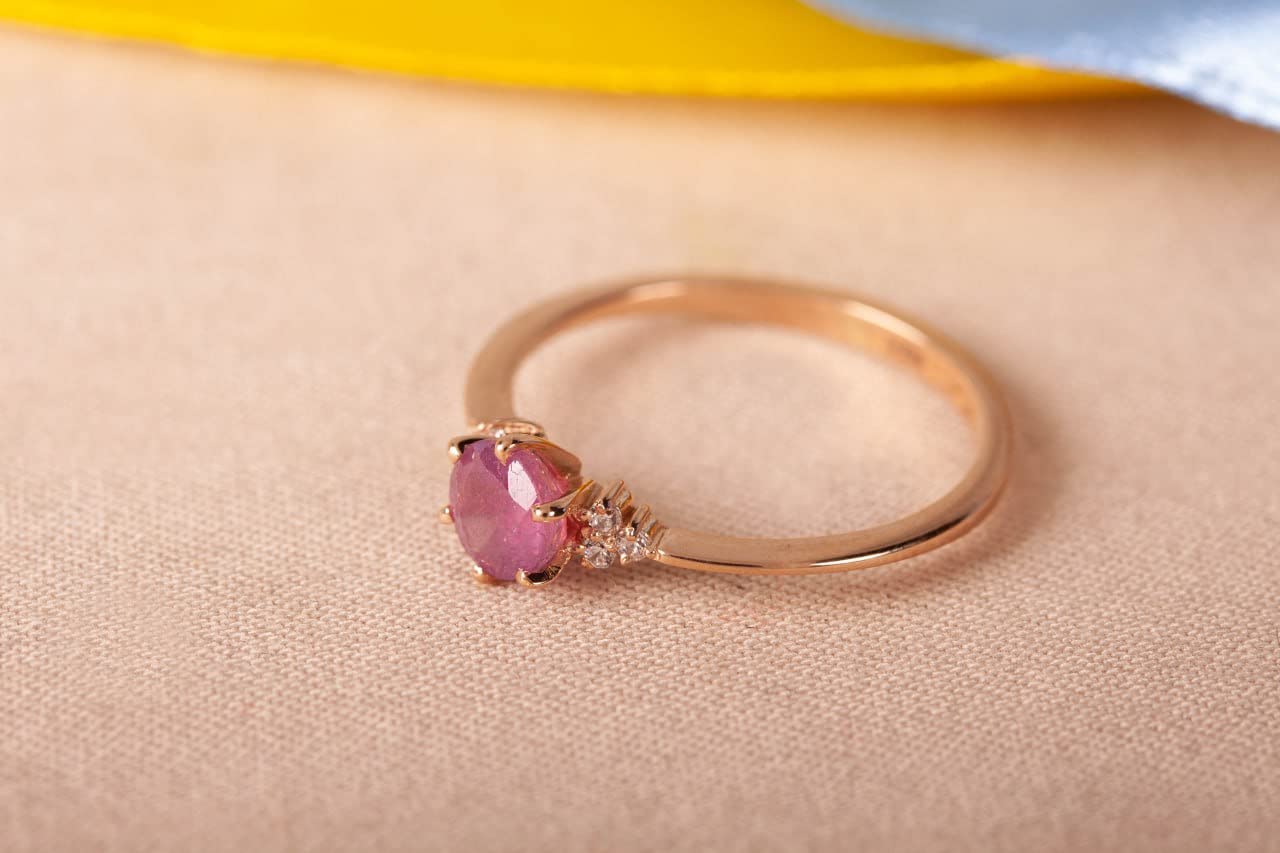 14K Solid Gold Natural Ruby Ring for Women - Pink Stone Engagement Ring, Unique Promise & Proposal Ring in Rose Gold (Size 8) | Perfect for Cocktail Parties, Anniversaries & Romantic Gifts