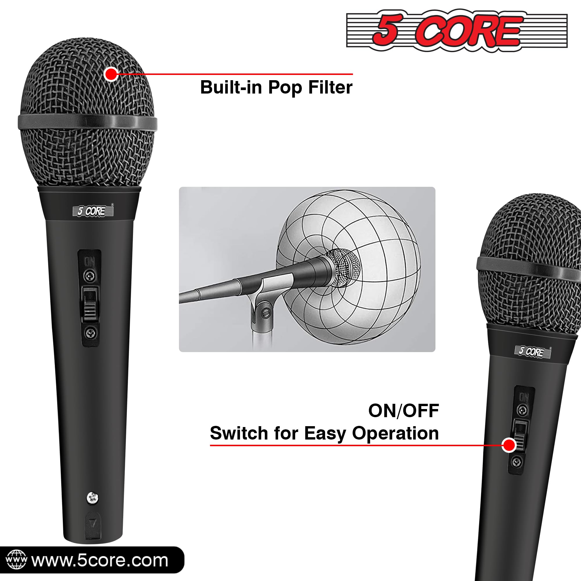 5 CORE Dynamic Vocal Microphone - Cardioid Unidirectional Handheld Mic with On/Off Switch & XLR Cable (PM 101 BLK) for Singing, Karaoke, Live Performances & Studio Recording