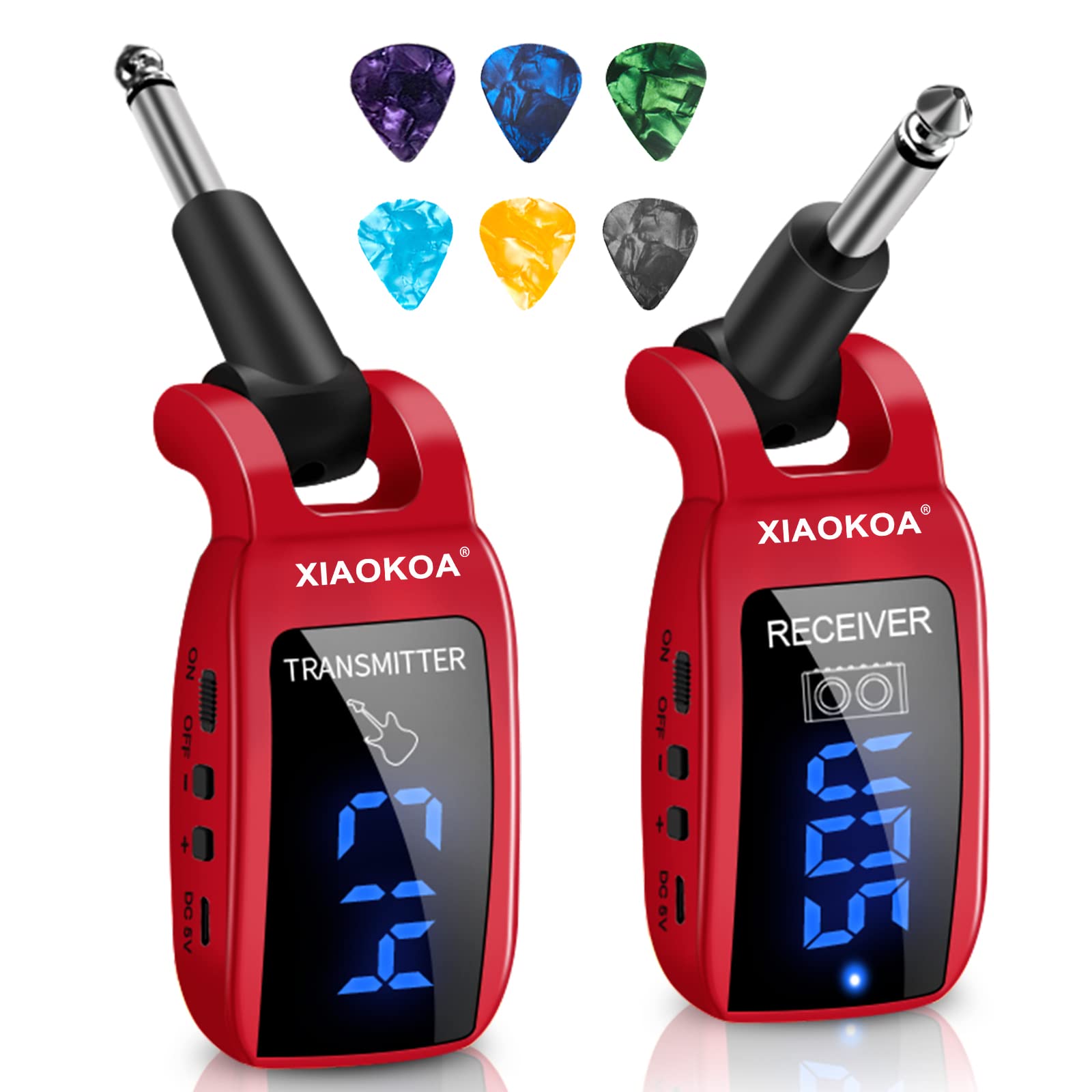 XIAOKOA UHF Wireless Guitar System - 164ft Range Transmitter & Receiver with HD LED Screen for Electric Guitar & Bass (Red) | Perfect for Live Performances, Studio Recording & Stage Shows