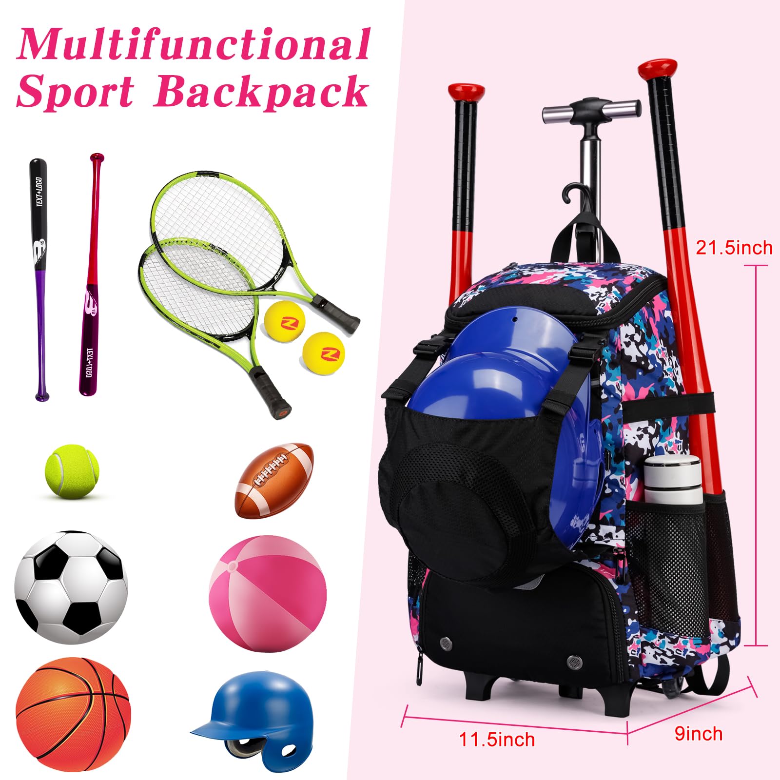 Best Youth & Adult Lightweight Rolling Softball Baseball Bat Bag with Wheels - Large Equipment Backpack with Shoe Compartment, Fence Hook & Helmet Holder - Perfect for T-Ball, Fastpitch & Travel Games