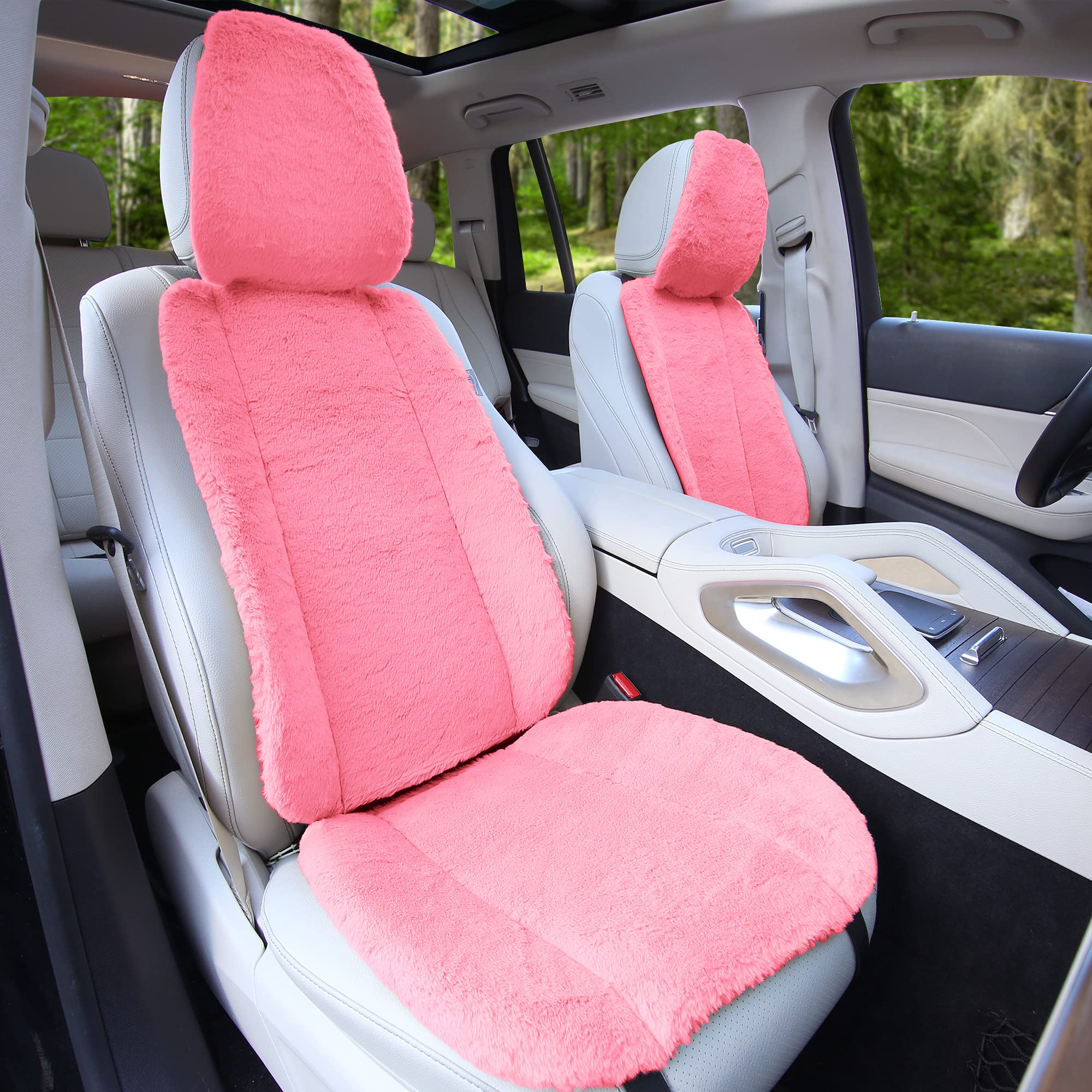 TLH Pink Doe16 Faux Rabbit Fur Car Seat Cushions - Soft & Luxurious for Most Cars, Trucks, SUVs & Vans - Perfect for Winter Comfort & Long Road Trips