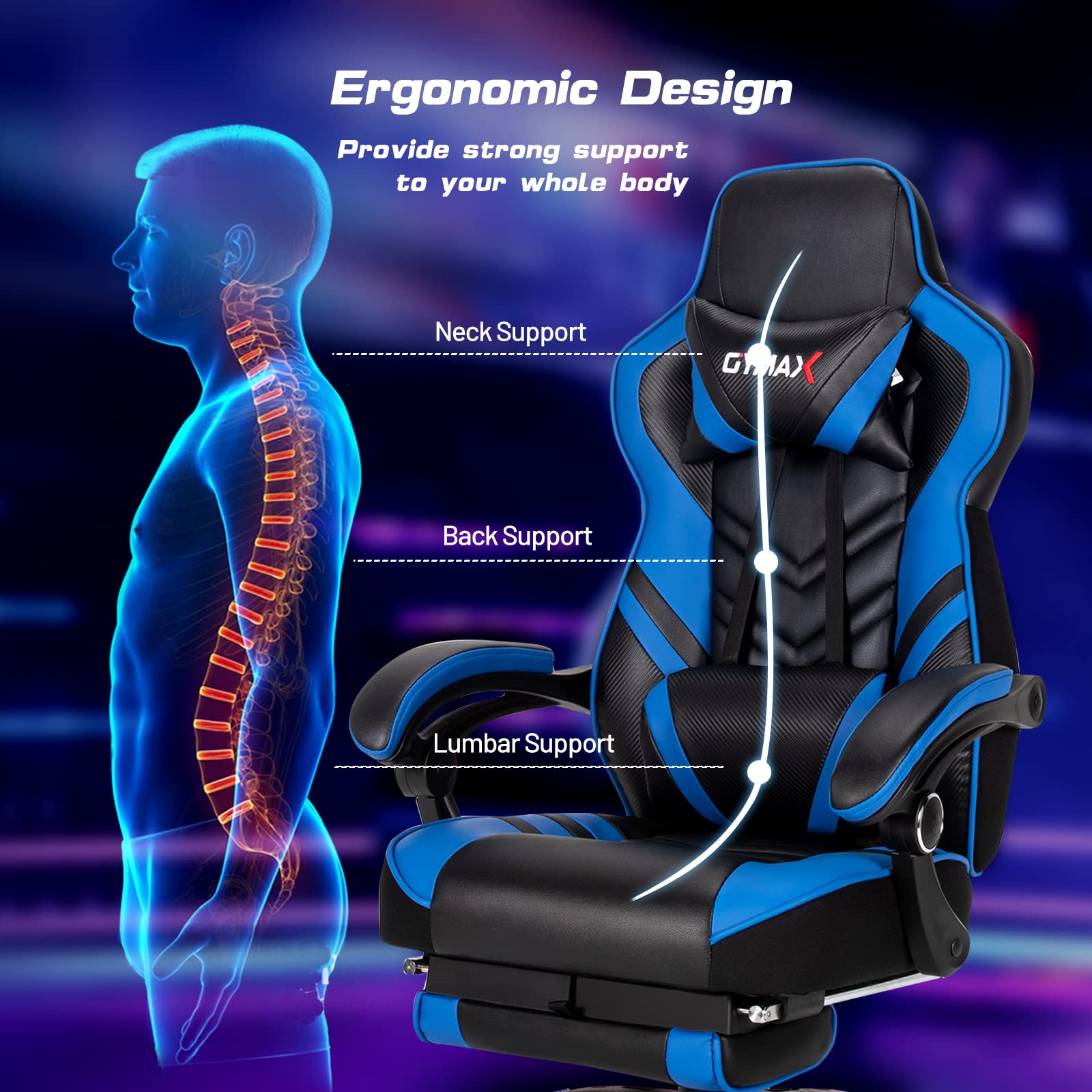 Ergonomic Blue Gaming Chair for Adults & Teens - High Back Racing Style Computer Desk Chair with Reclining, Retractable Footrest, Lumbar Support & Headrest - Perfect for Esports, Streaming & Home Office Setup
